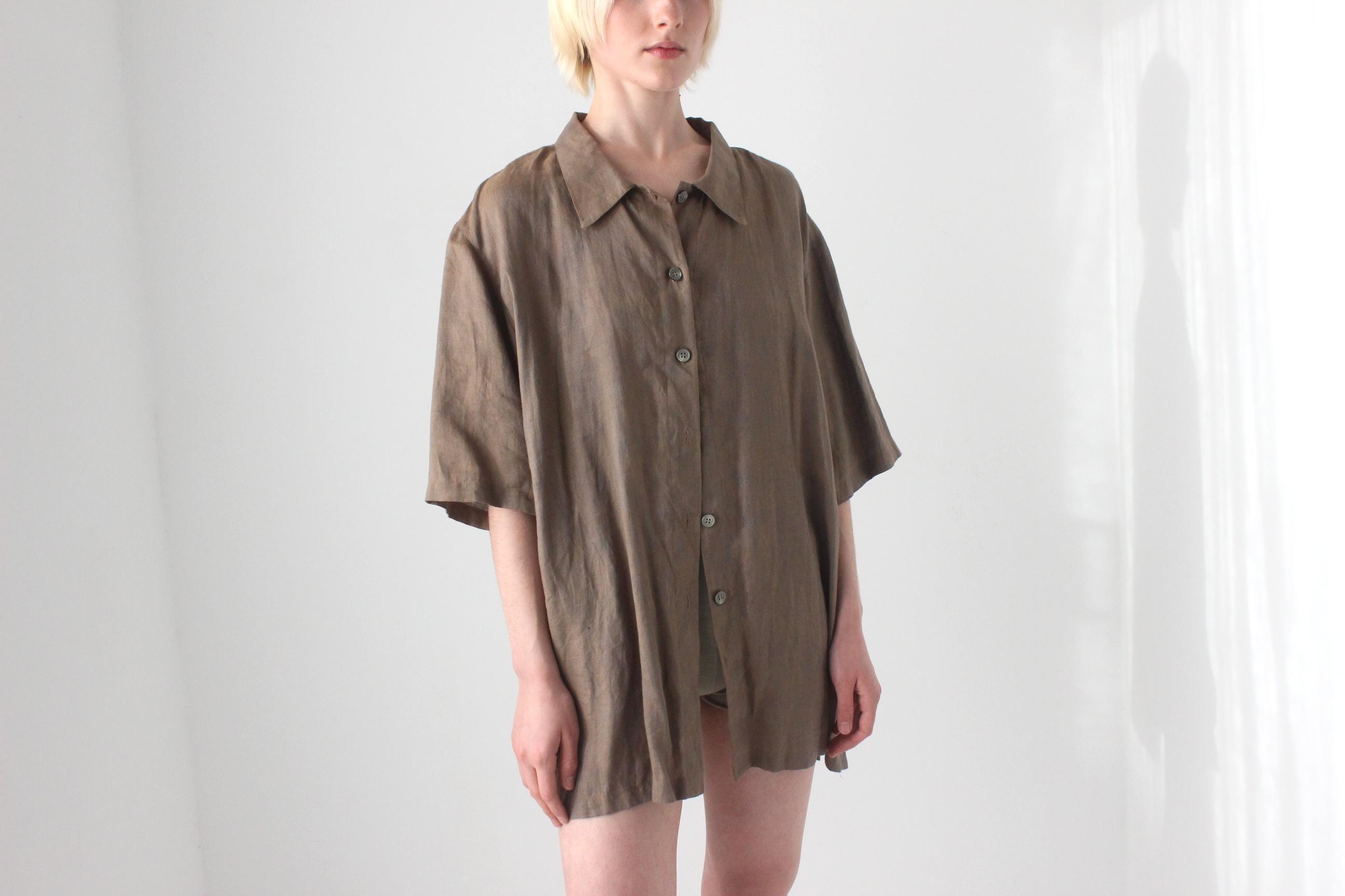 90s Italian Linen Boxy Short Sleeve Button Up Shirt