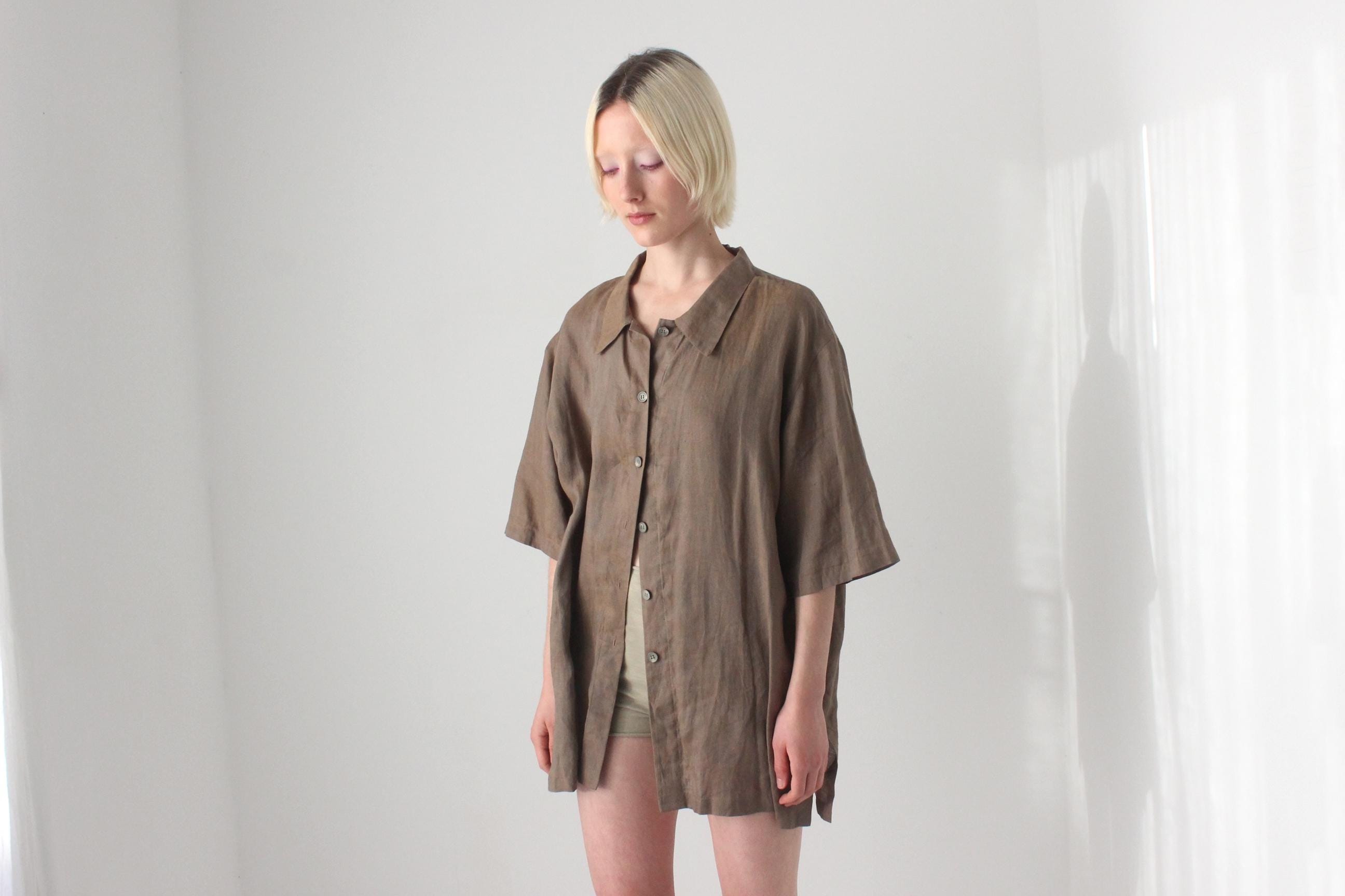 90s Italian Linen Boxy Short Sleeve Button Up Shirt