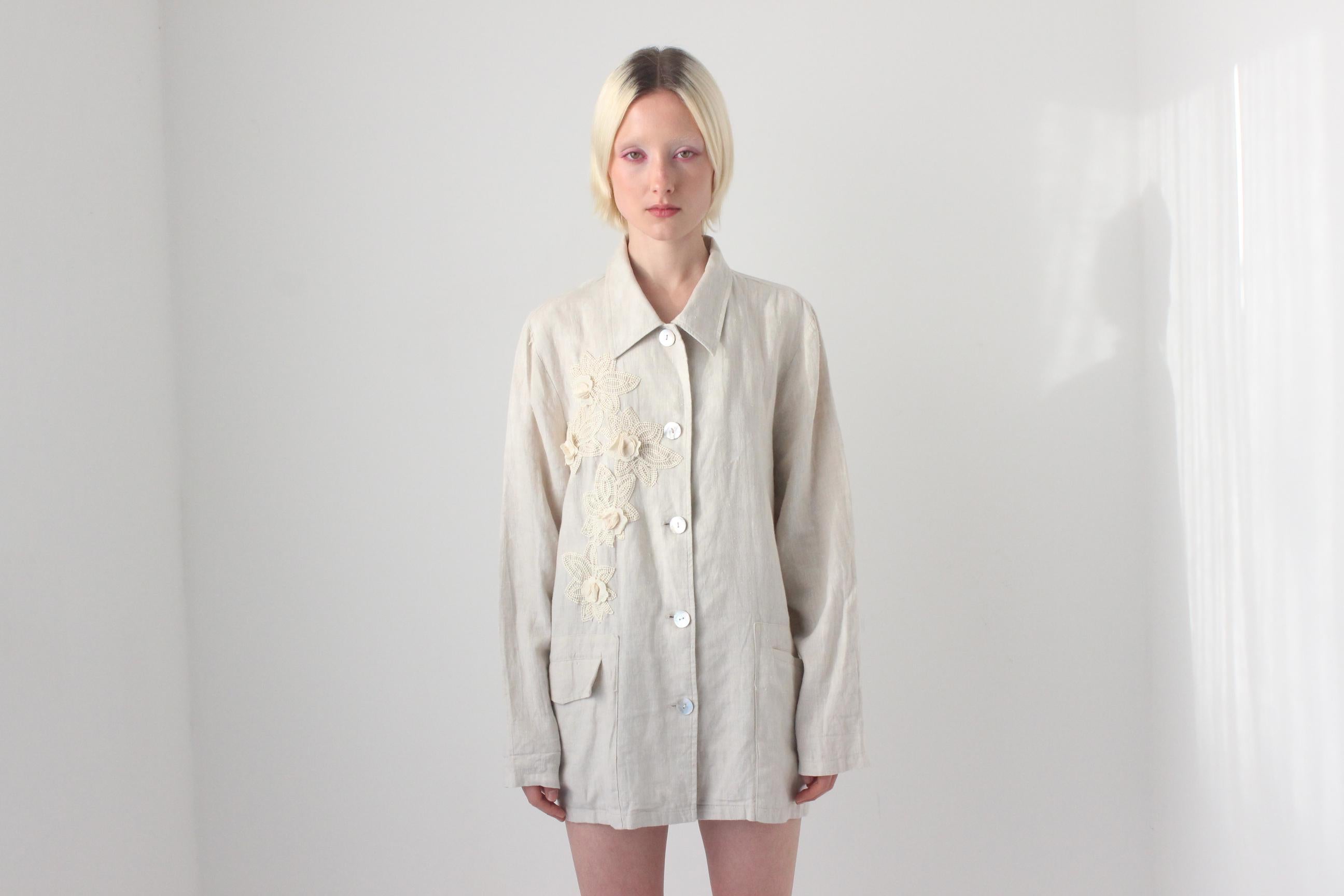 90s Italian Linen Quality Shirt w/ Doily Crochet Flowers