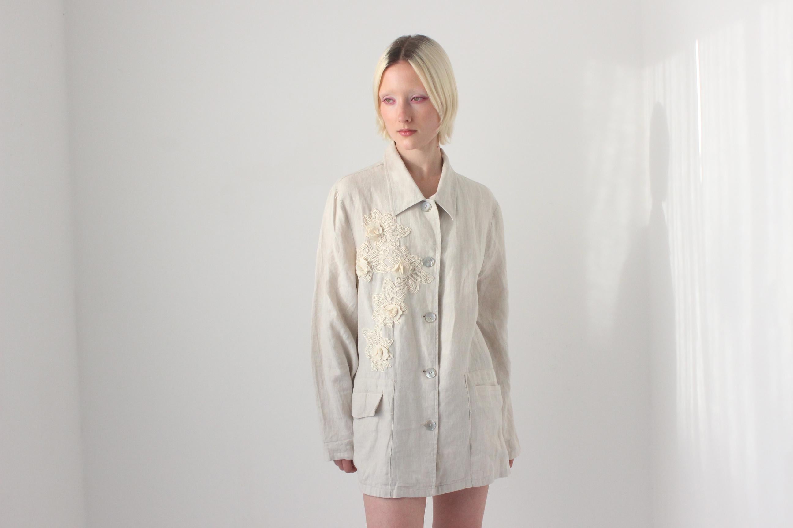 90s Italian Linen Quality Shirt w/ Doily Crochet Flowers