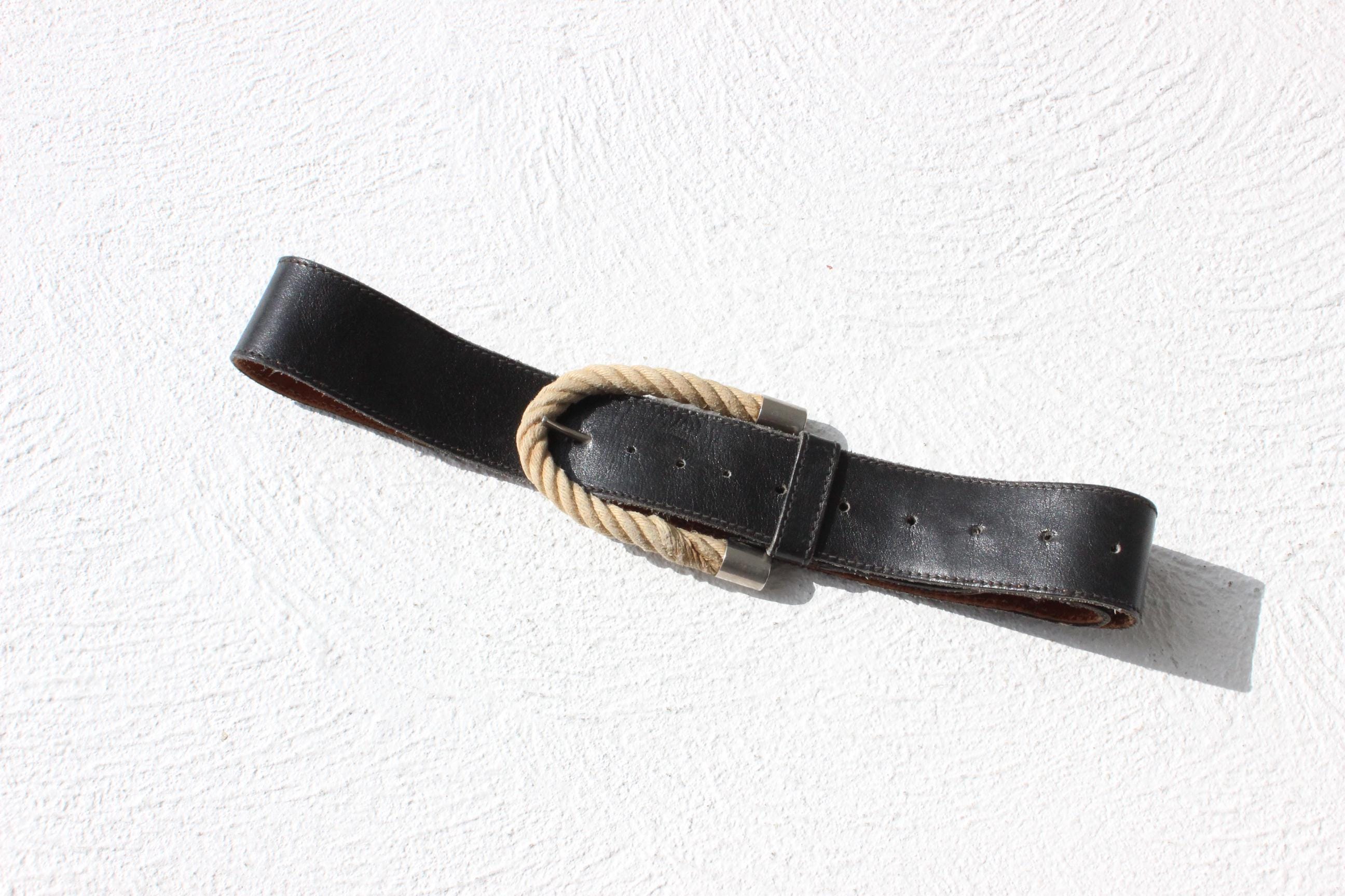 Vintage 80s Black Leather Belt w/ Amazing Rope Buckle