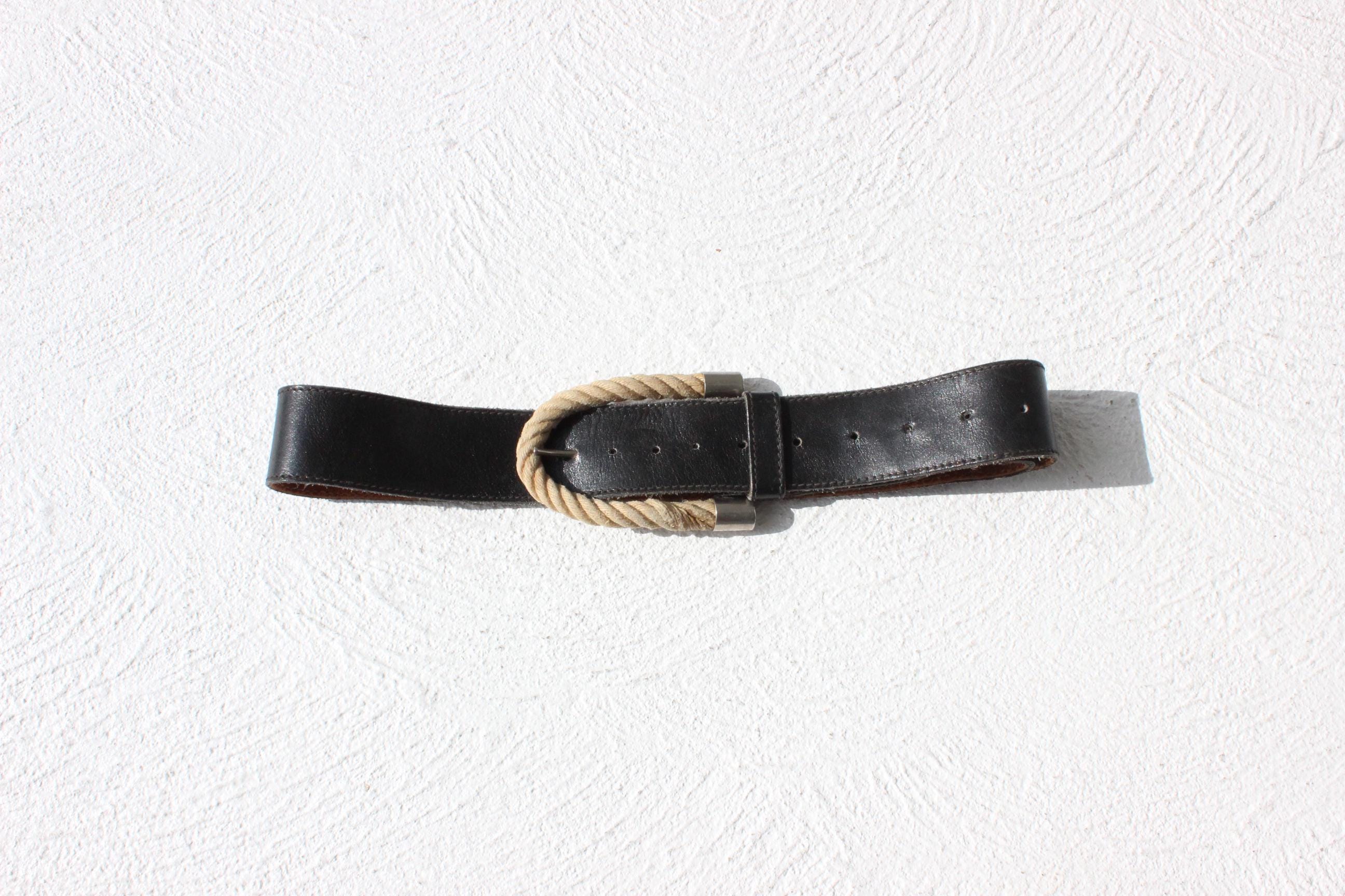 Vintage 80s Black Leather Belt w/ Amazing Rope Buckle