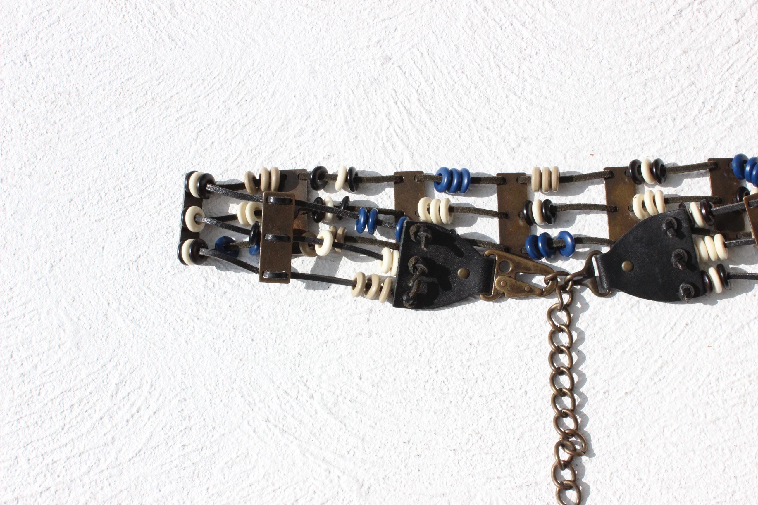 70s Leather & Bead Brass Metal Chain Belt