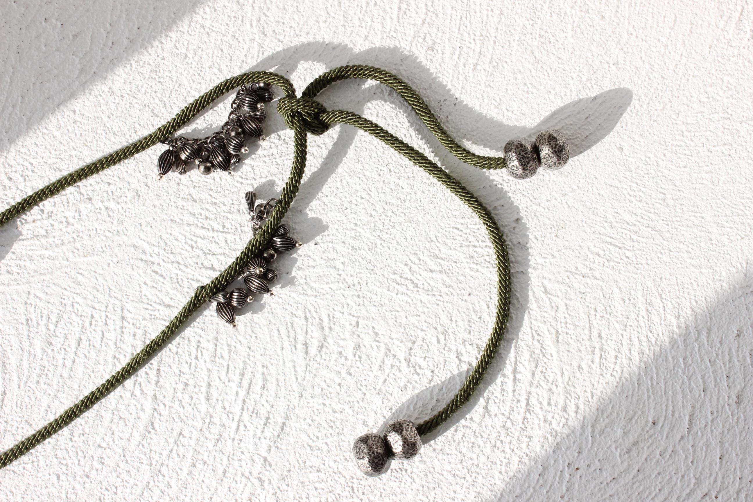 70s Olive Rope & Silver Charm Tie Up Free Size Belt