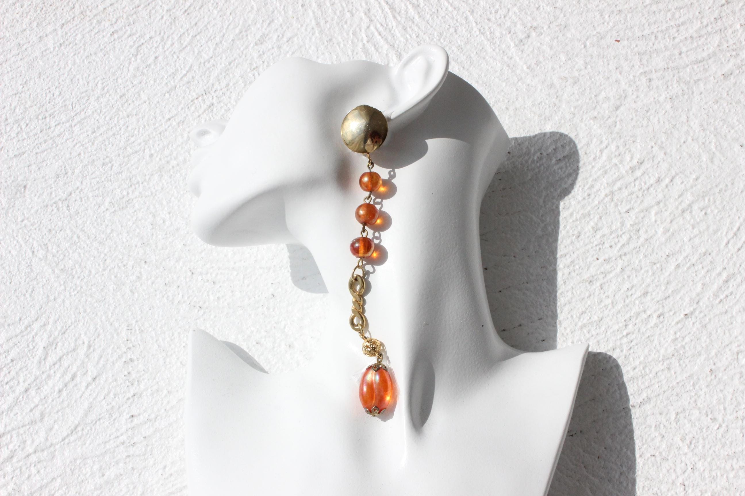 80s Extra Long Gold & Amber Droplet Clip On Earrings