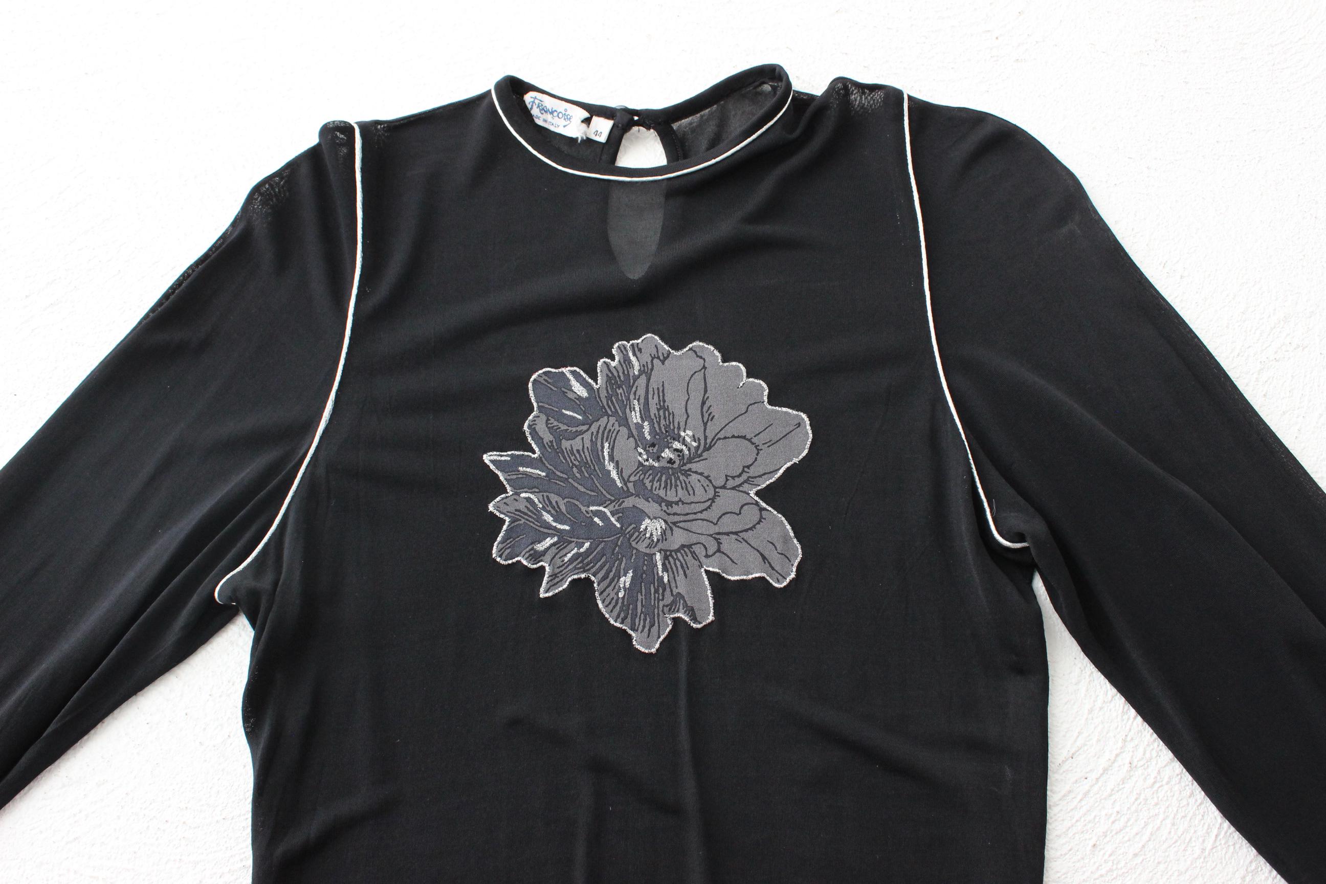 70s Francoise Italy Flower Decal Slinky Mesh Jersey Top