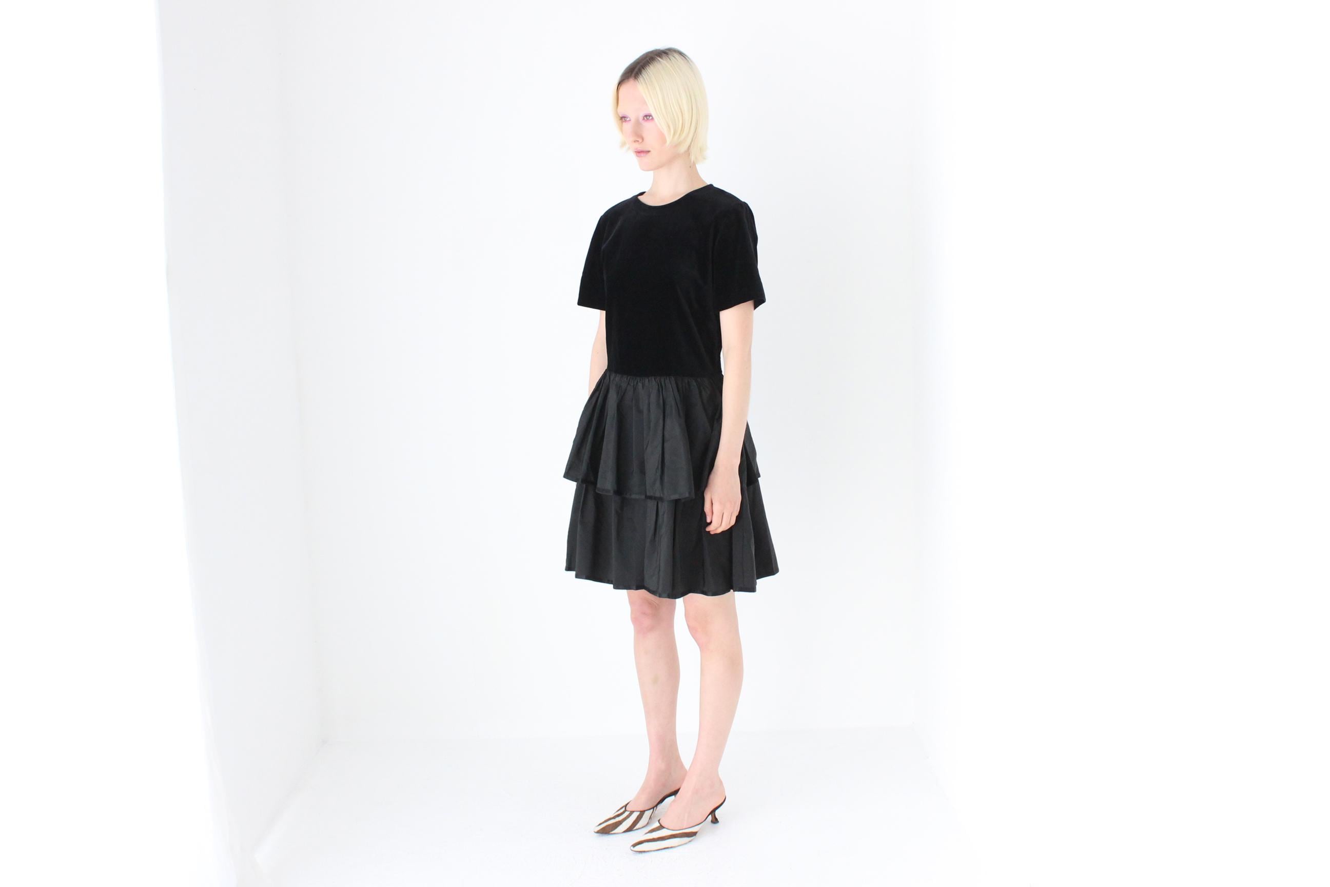 80s Italian Vintage Velvet & Taffeta Ruffle Dress