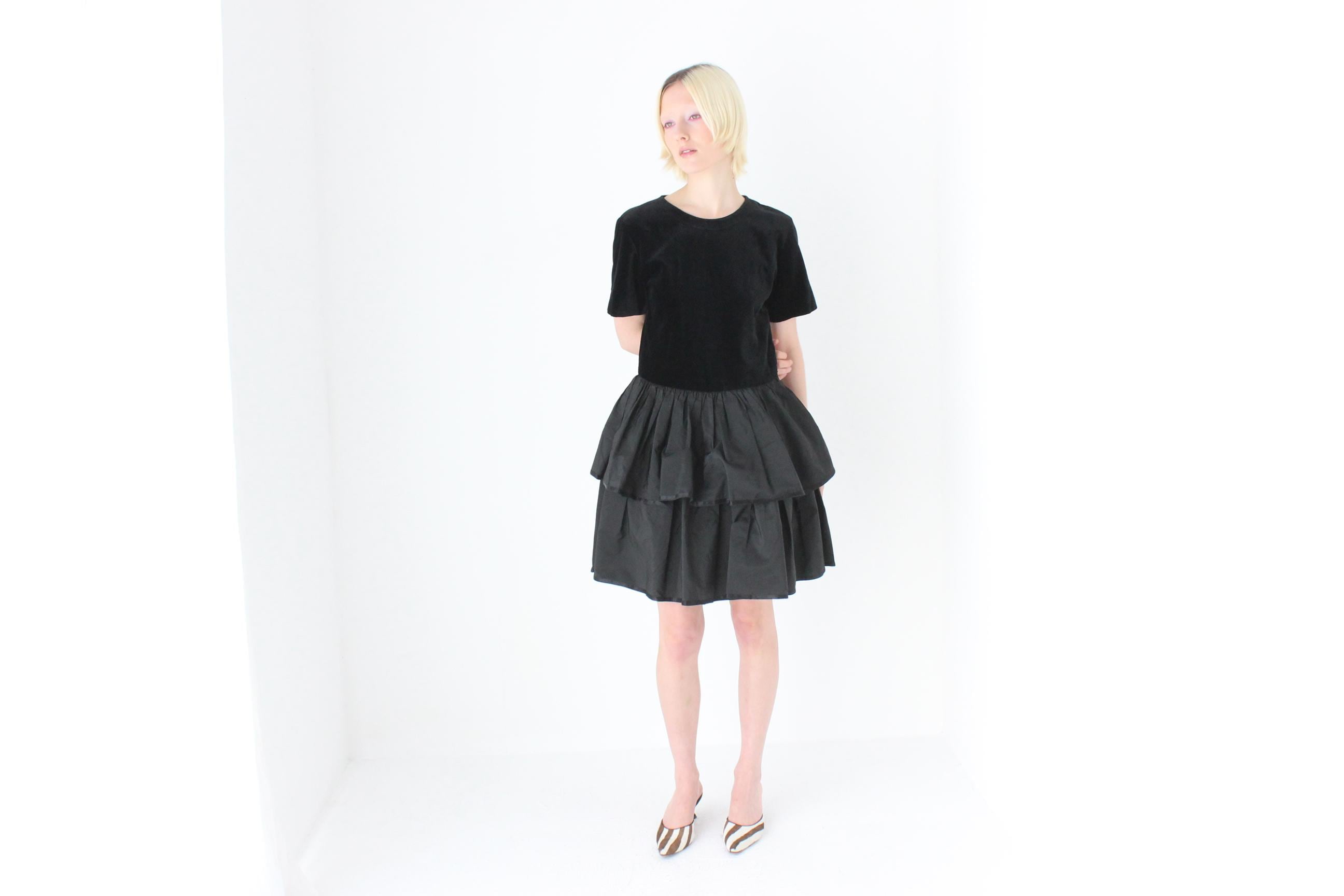 80s Italian Vintage Velvet & Taffeta Ruffle Dress