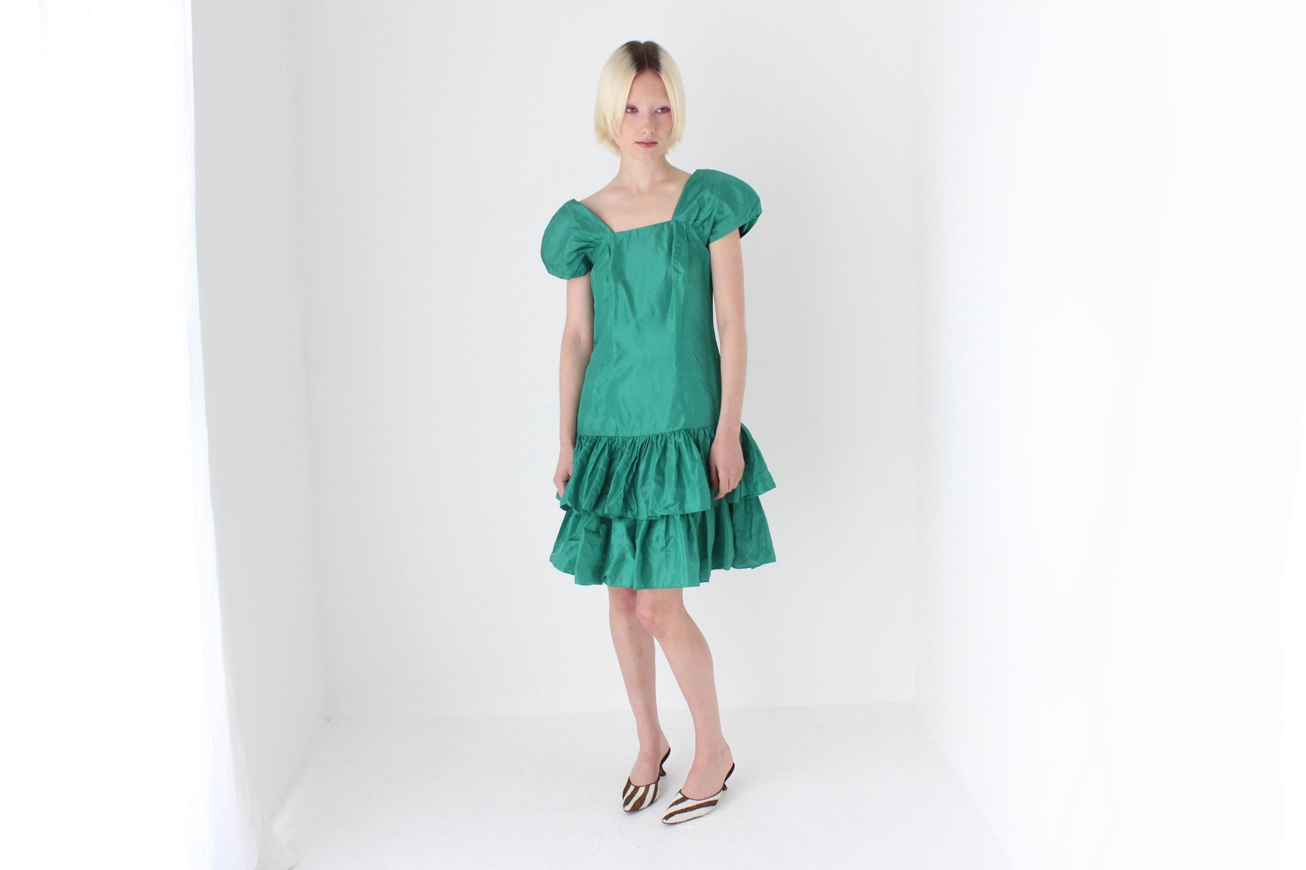 80s Puff & Ruffle Taffeta Drop Waist Cocktail Dress