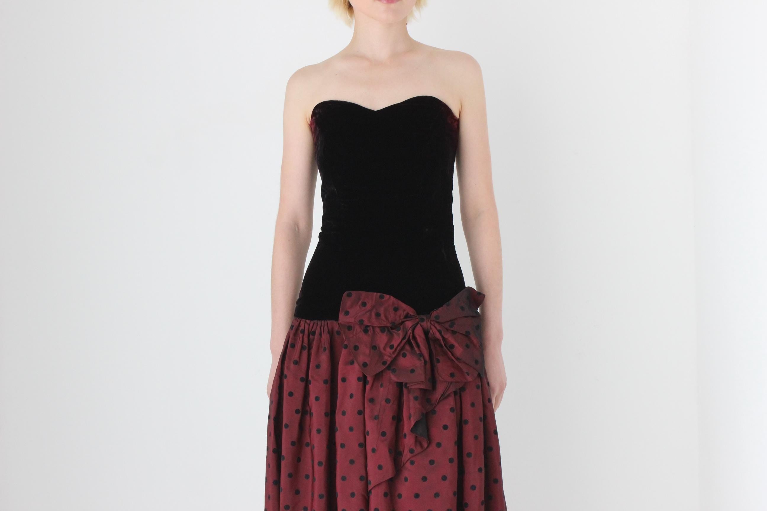 80s Strapless Velvet Bustier & Polkadot Taffeta Party Dress