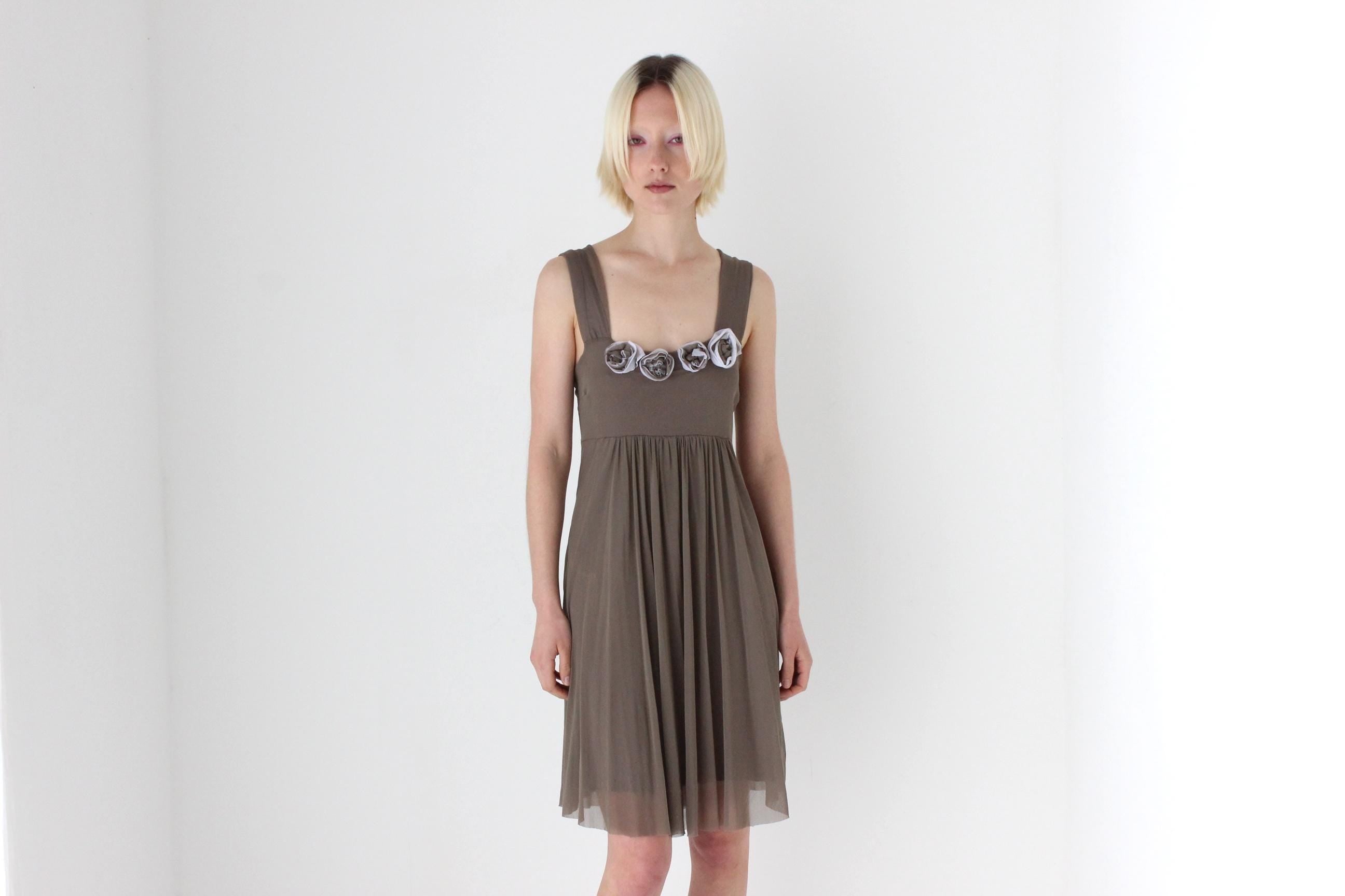 Y2K Italian Taupe Mesh Tank Mini Dress w/ Rosettes