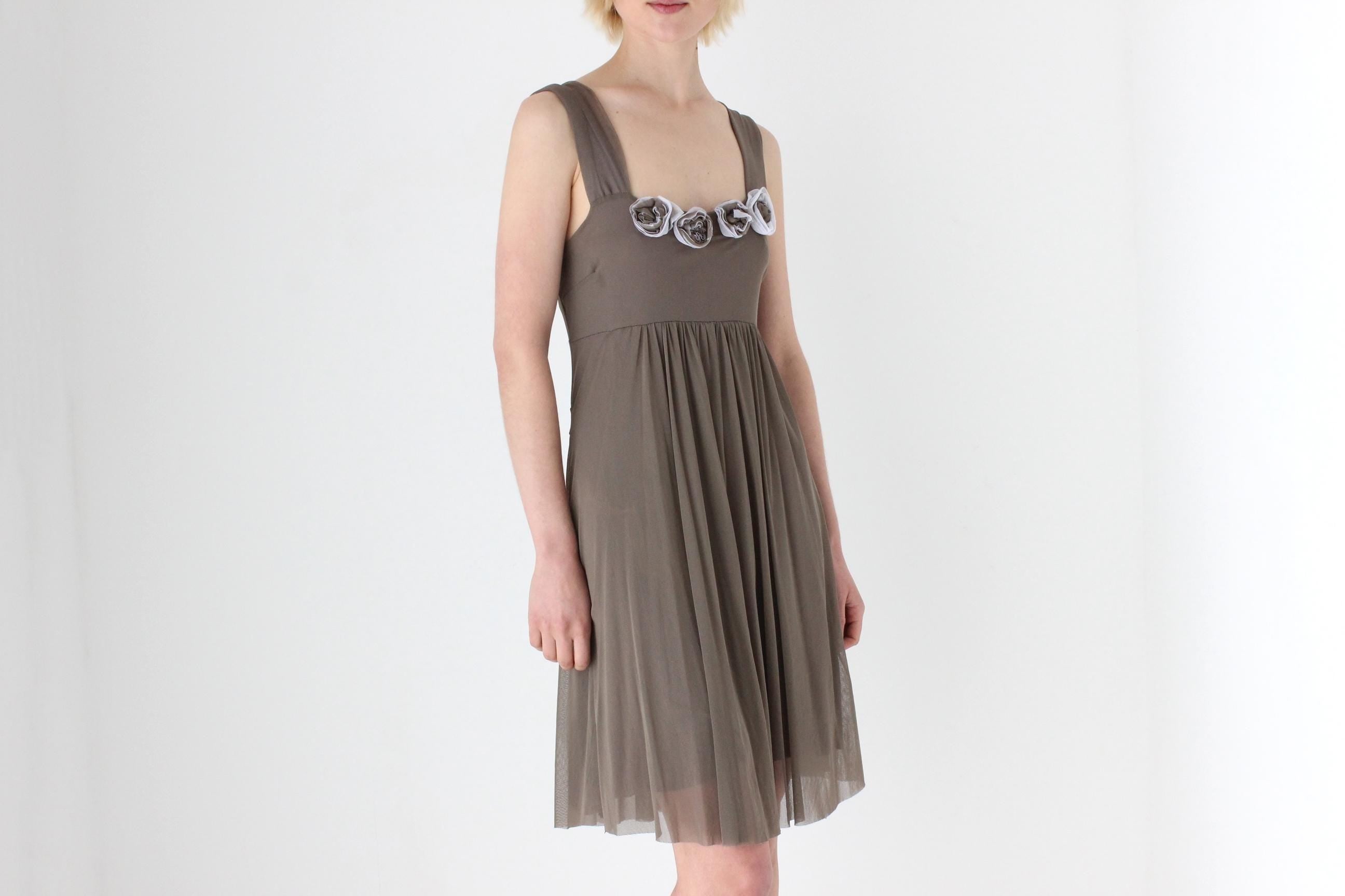 Y2K Italian Taupe Mesh Tank Mini Dress w/ Rosettes