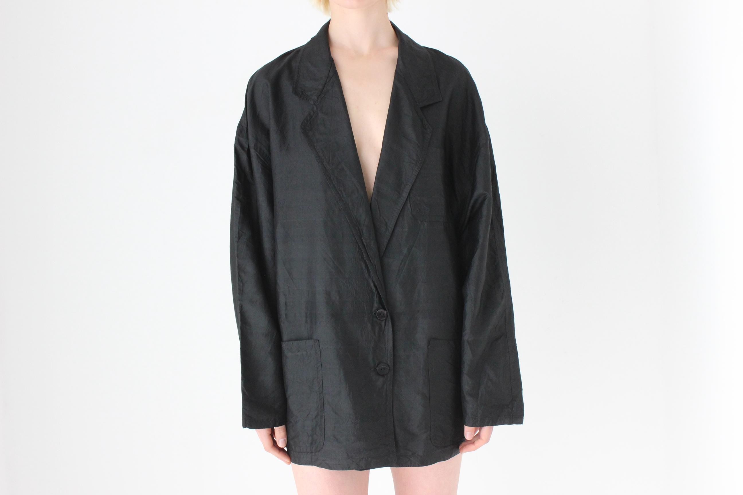 80s Raw Silk Boxy Black Suit Blazer / Cocoon Mini Dress