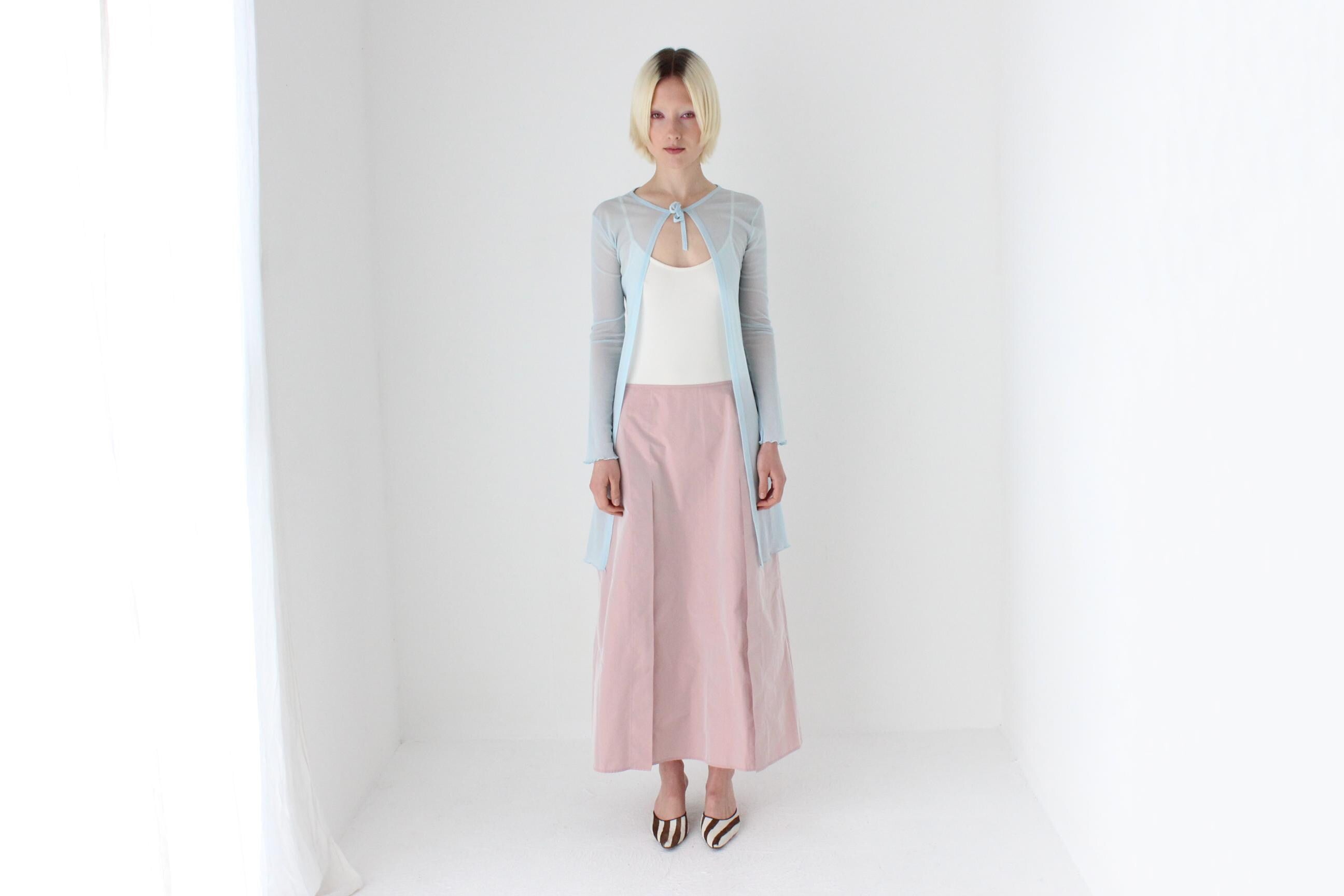 90s Pastel Pink Iridescent Taffeta A-Line Midi Skirt