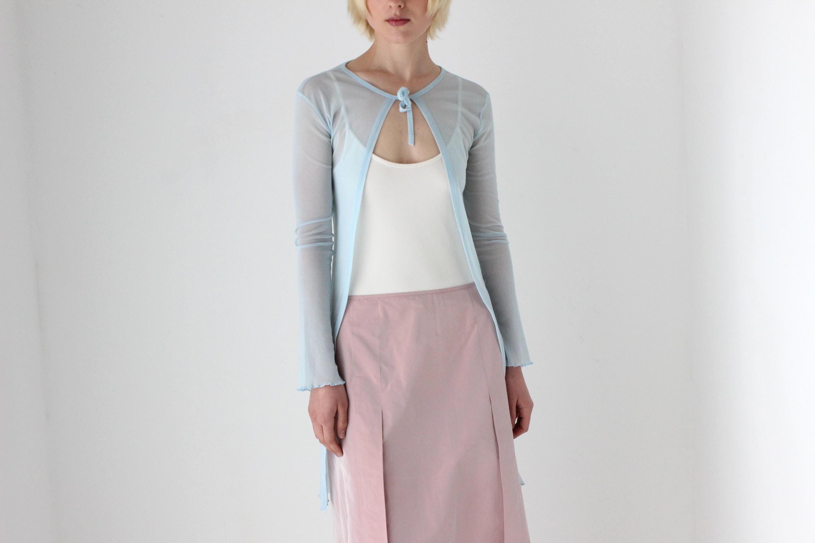 90s Pastel Blue Sheer Mesh Cardigan Top