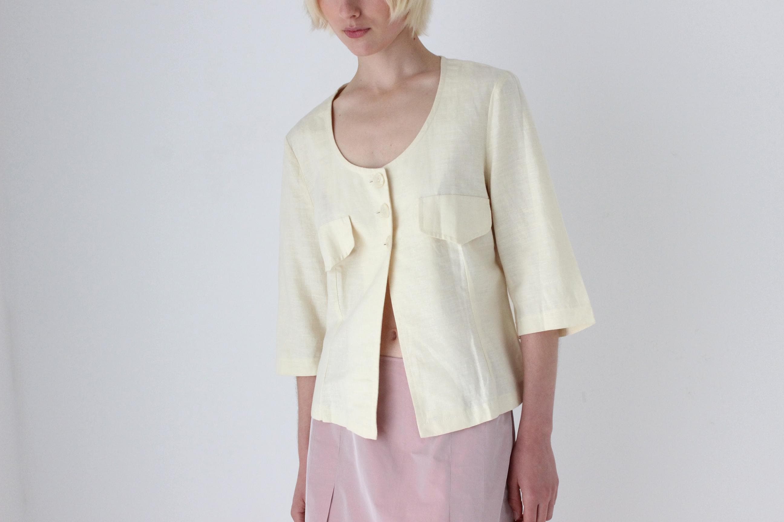 90s Pastel Lemon Italian Linen Half Sleeve Cropped Blouse