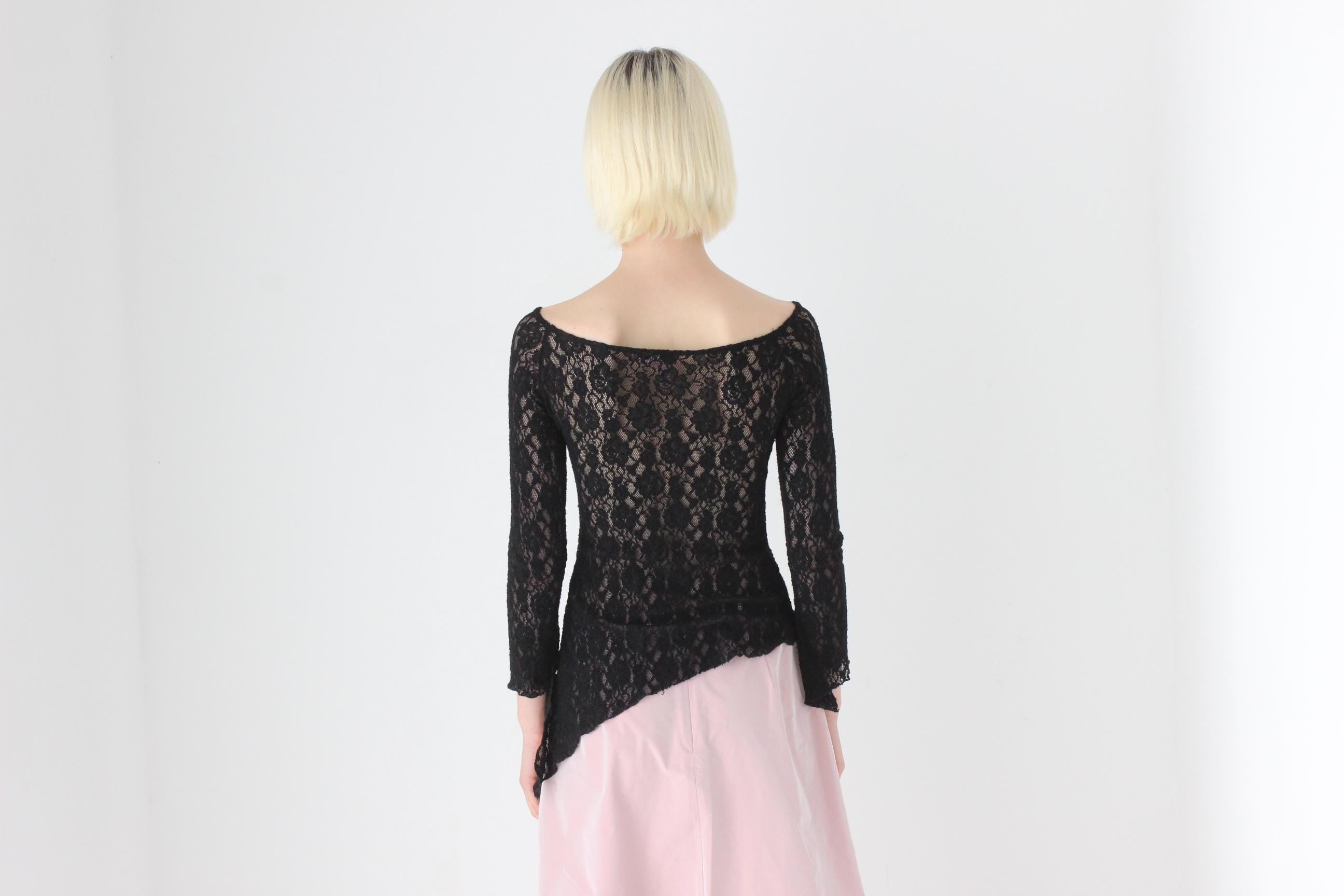 90s Italian Vintage Asymmetric Stretch Lace Top