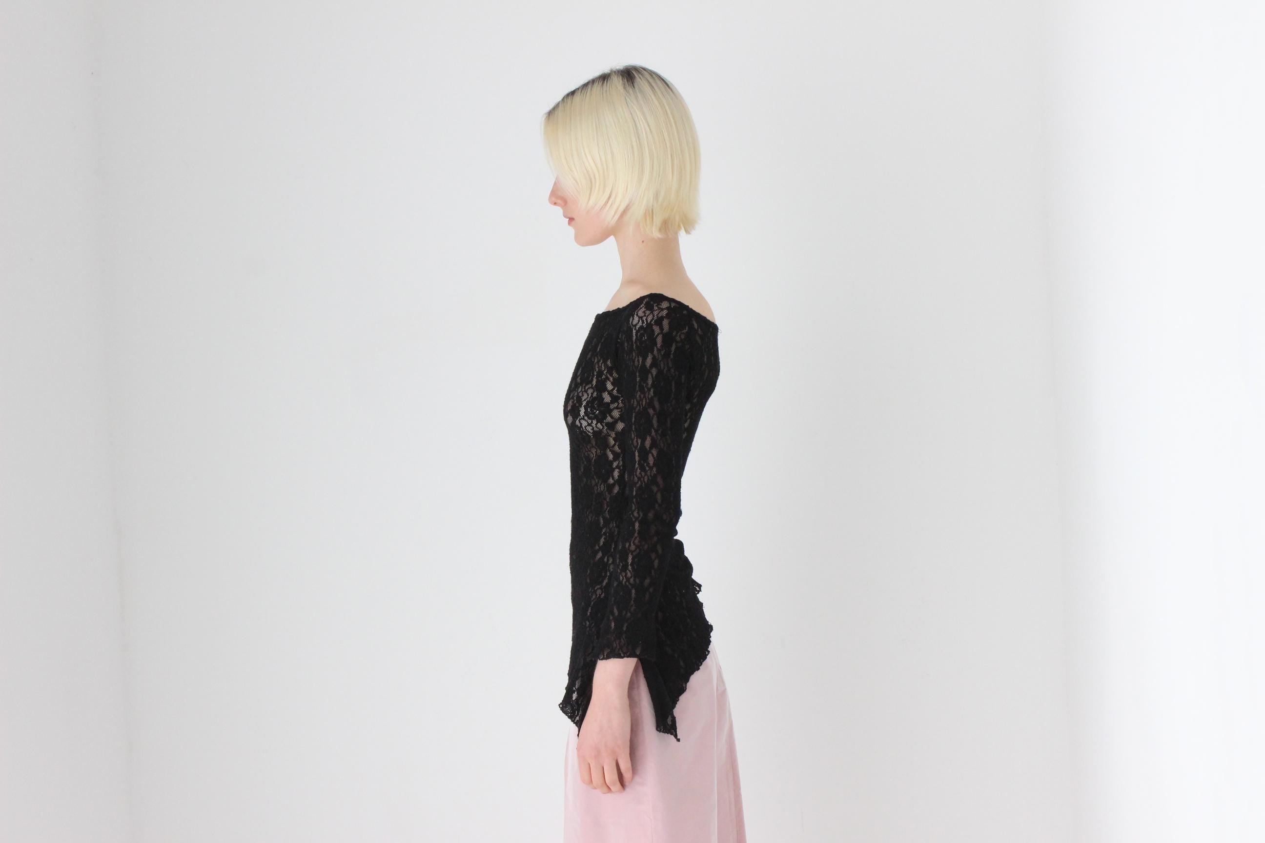 90s Italian Vintage Asymmetric Stretch Lace Top