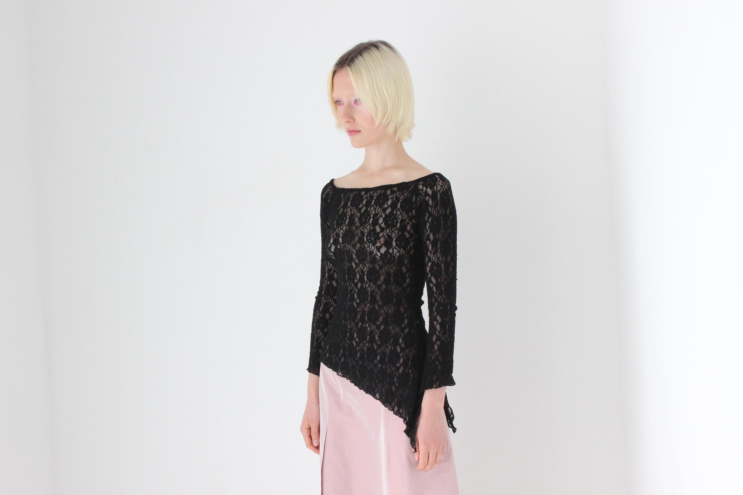 90s Italian Vintage Asymmetric Stretch Lace Top