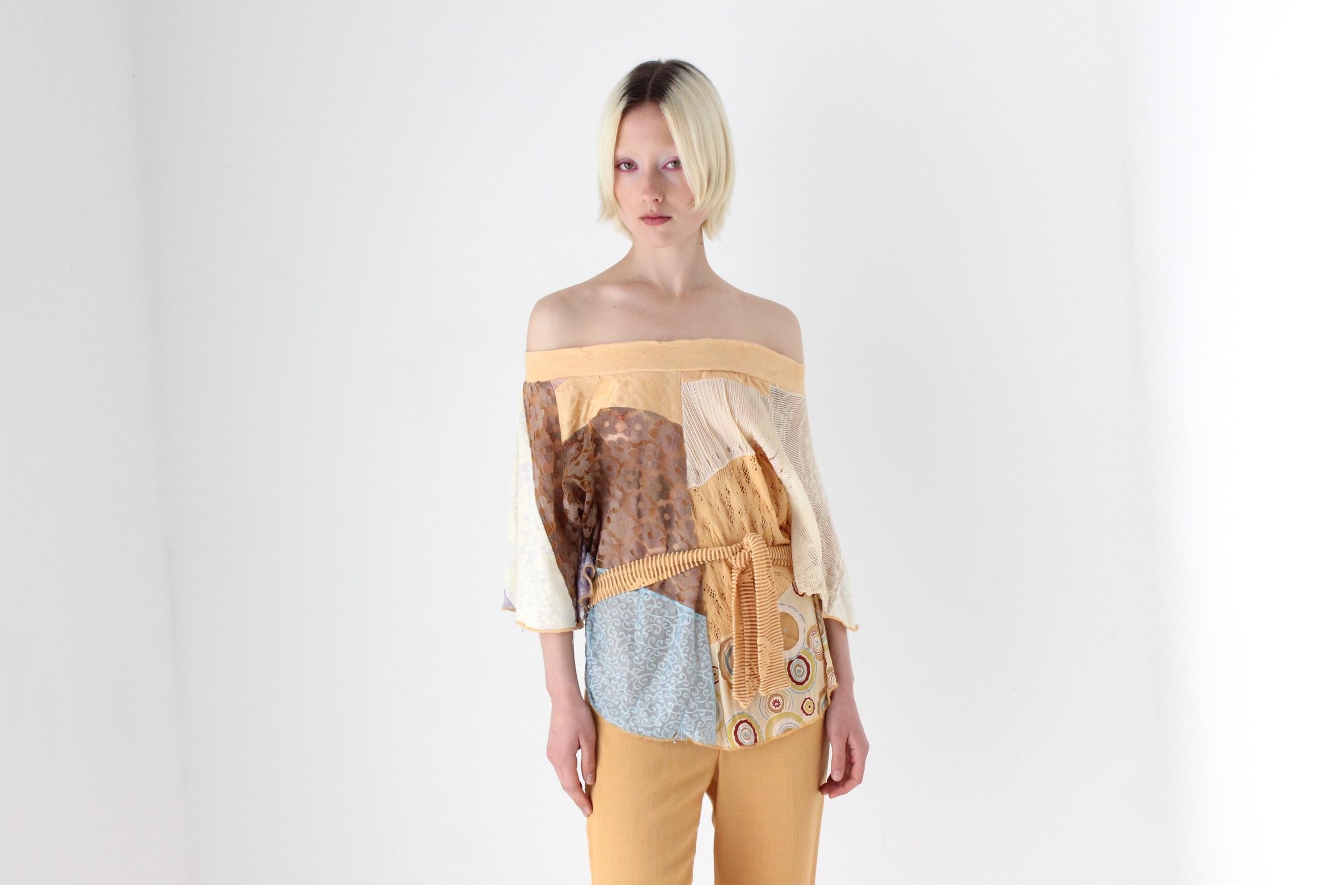 Y2K Abstract Patchwork Pastel Mesh Art Off Shoulder Top