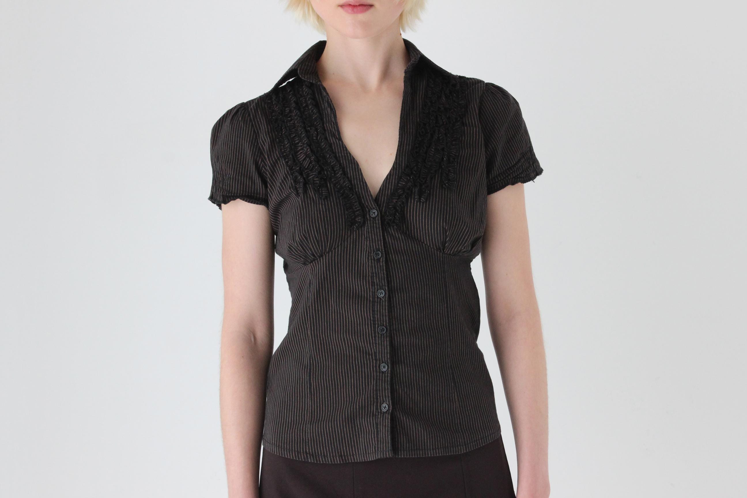 Y2K Sexy Corporate Pinstripe V Neck Blouse