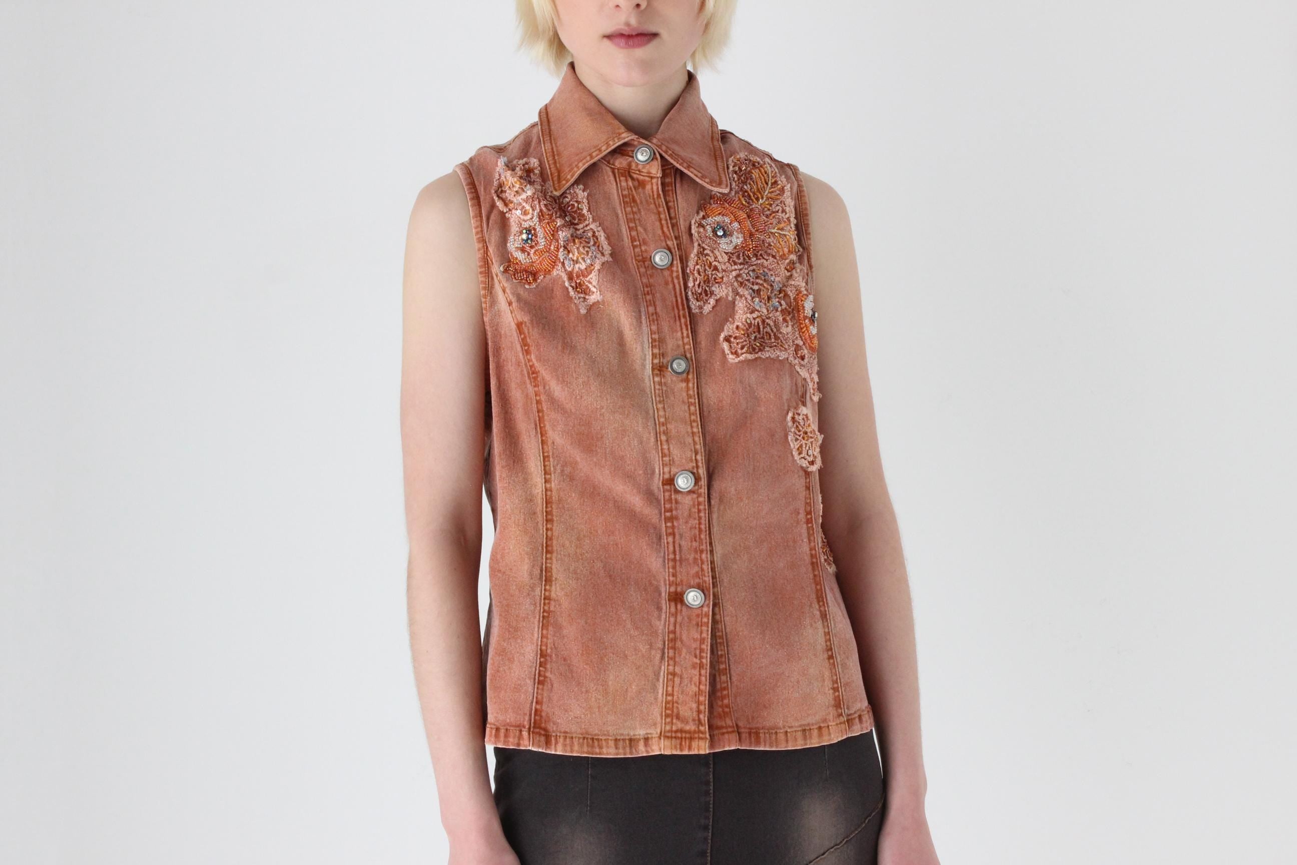 Y2K Orange Acid Wash Denim Vest Top