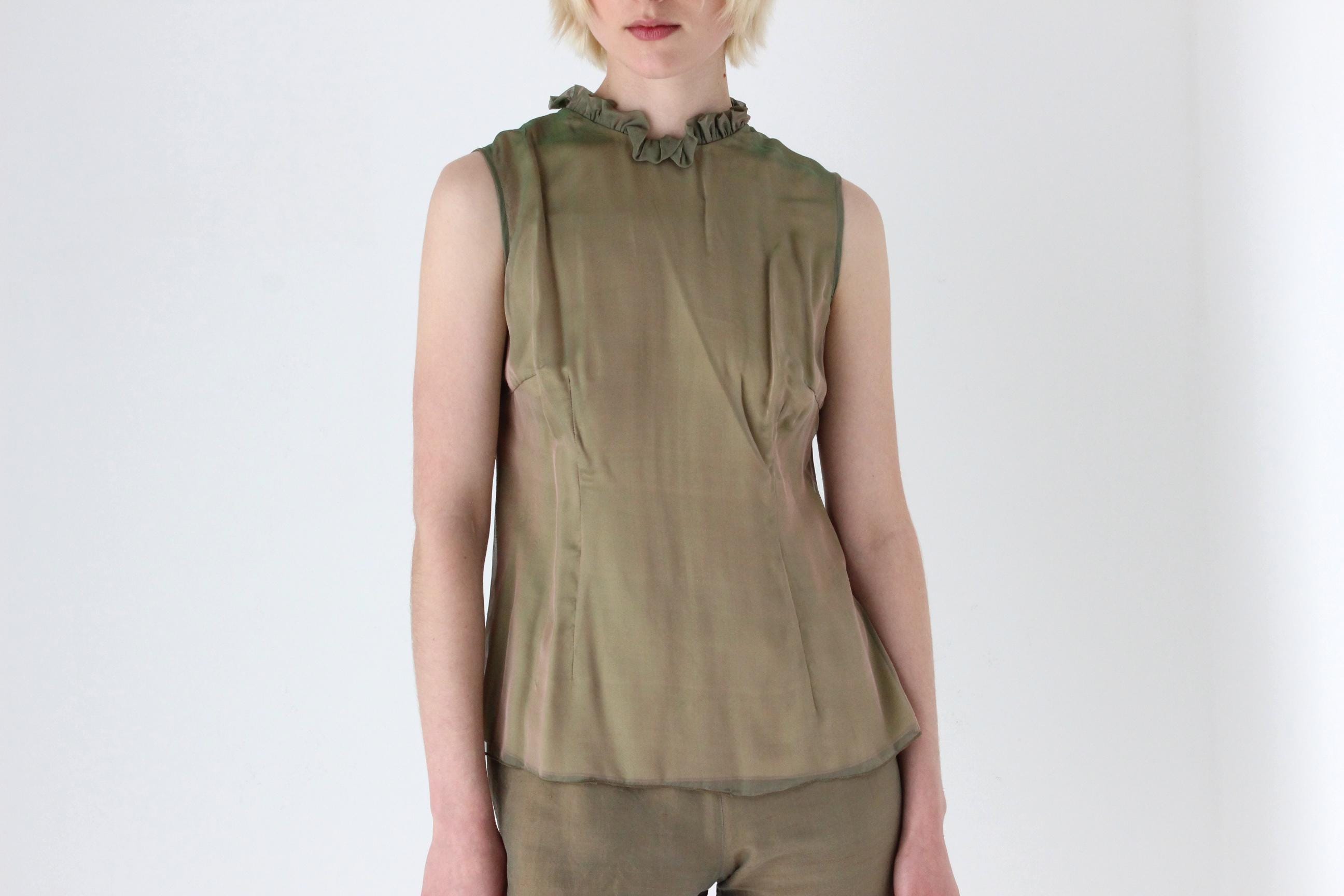 1980s Iridescent Silk Organza Ruffle Collar Top