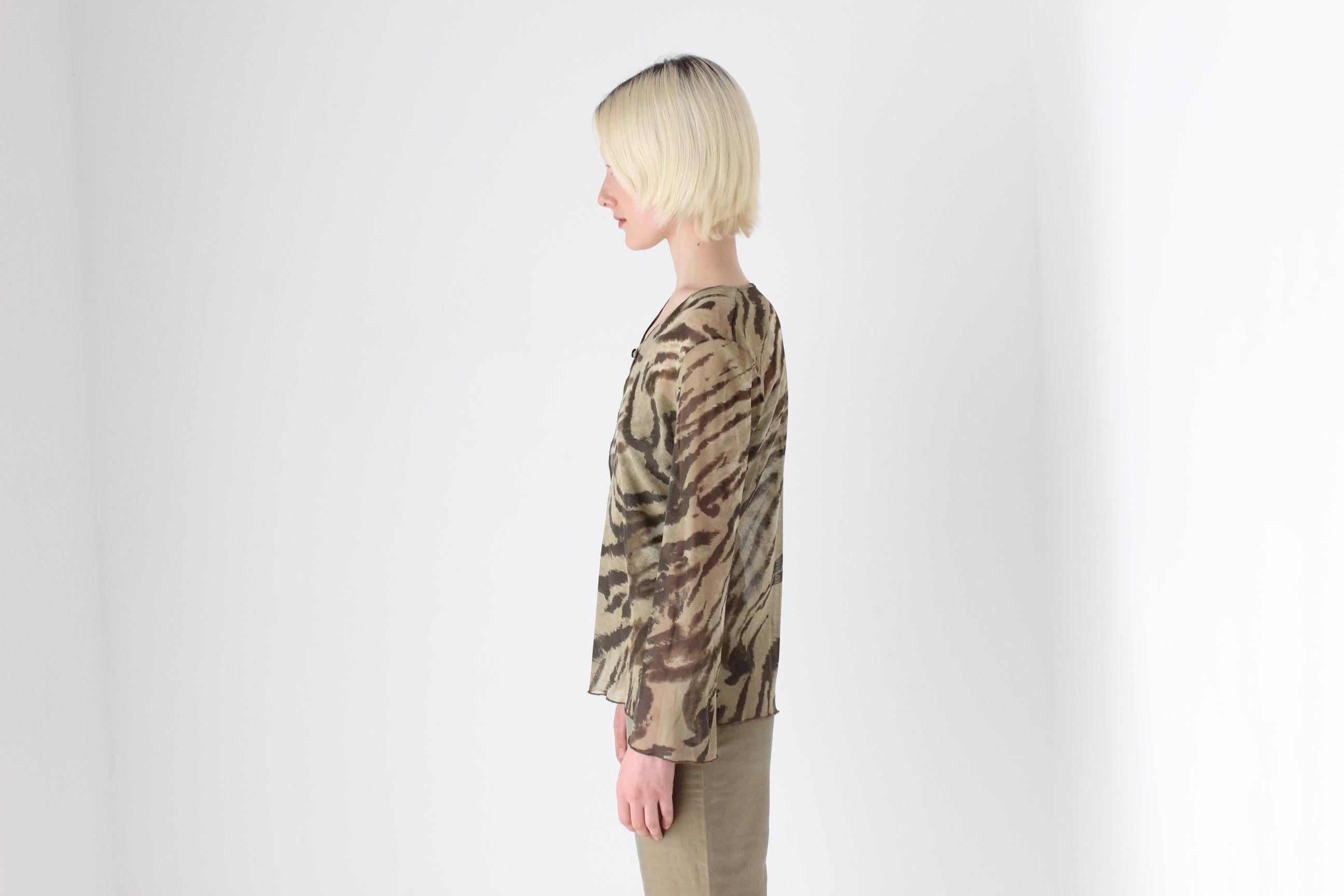 90s Animal Print Mesh Single Button Top