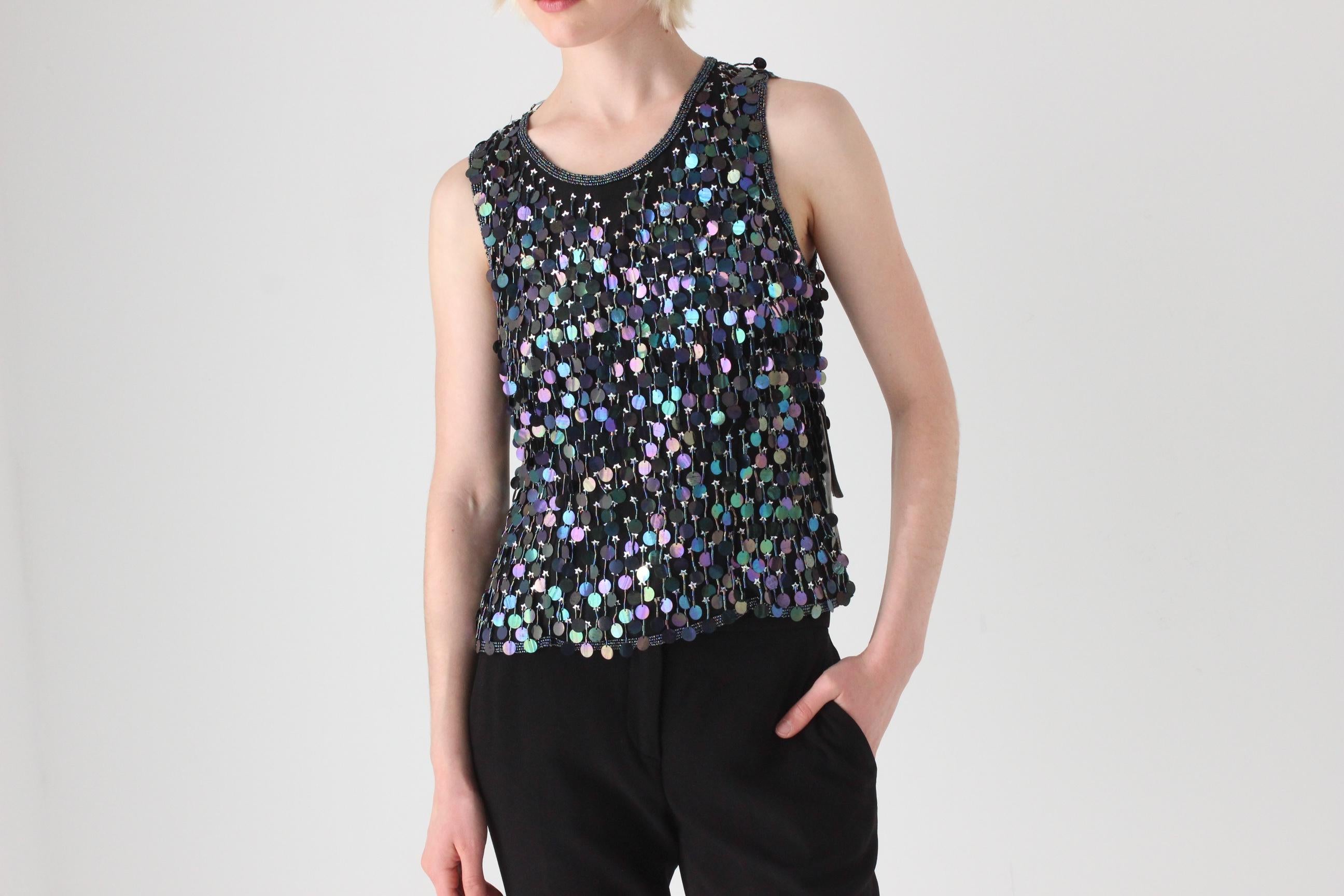 Early 2000s Italian Vintage 'Nite Chic' Black Silk & Disc Sequin Top