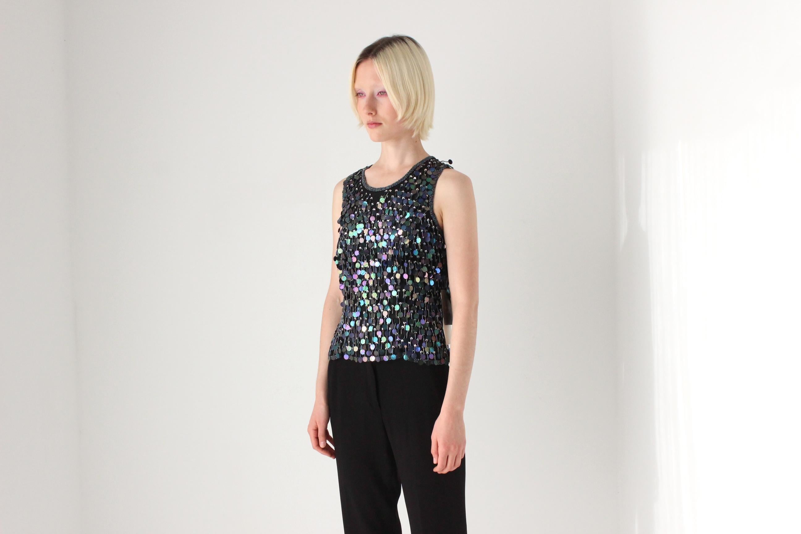 Early 2000s Italian Vintage 'Nite Chic' Black Silk & Disc Sequin Top