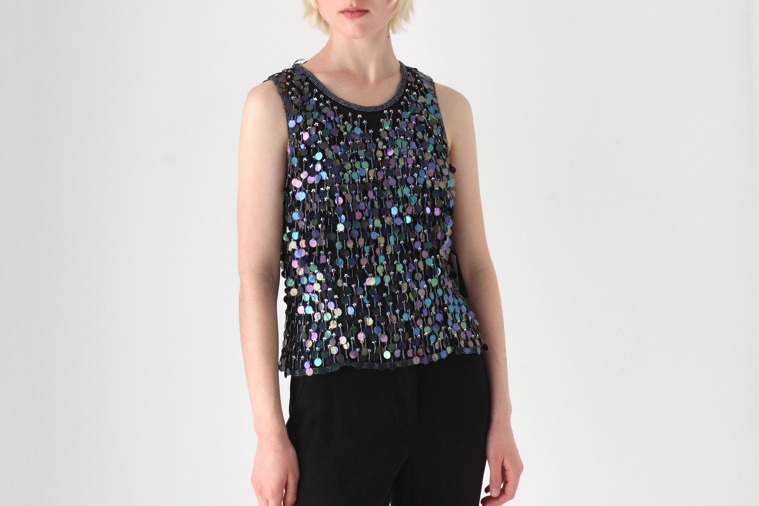 Early 2000s Italian Vintage 'Nite Chic' Black Silk & Disc Sequin Top