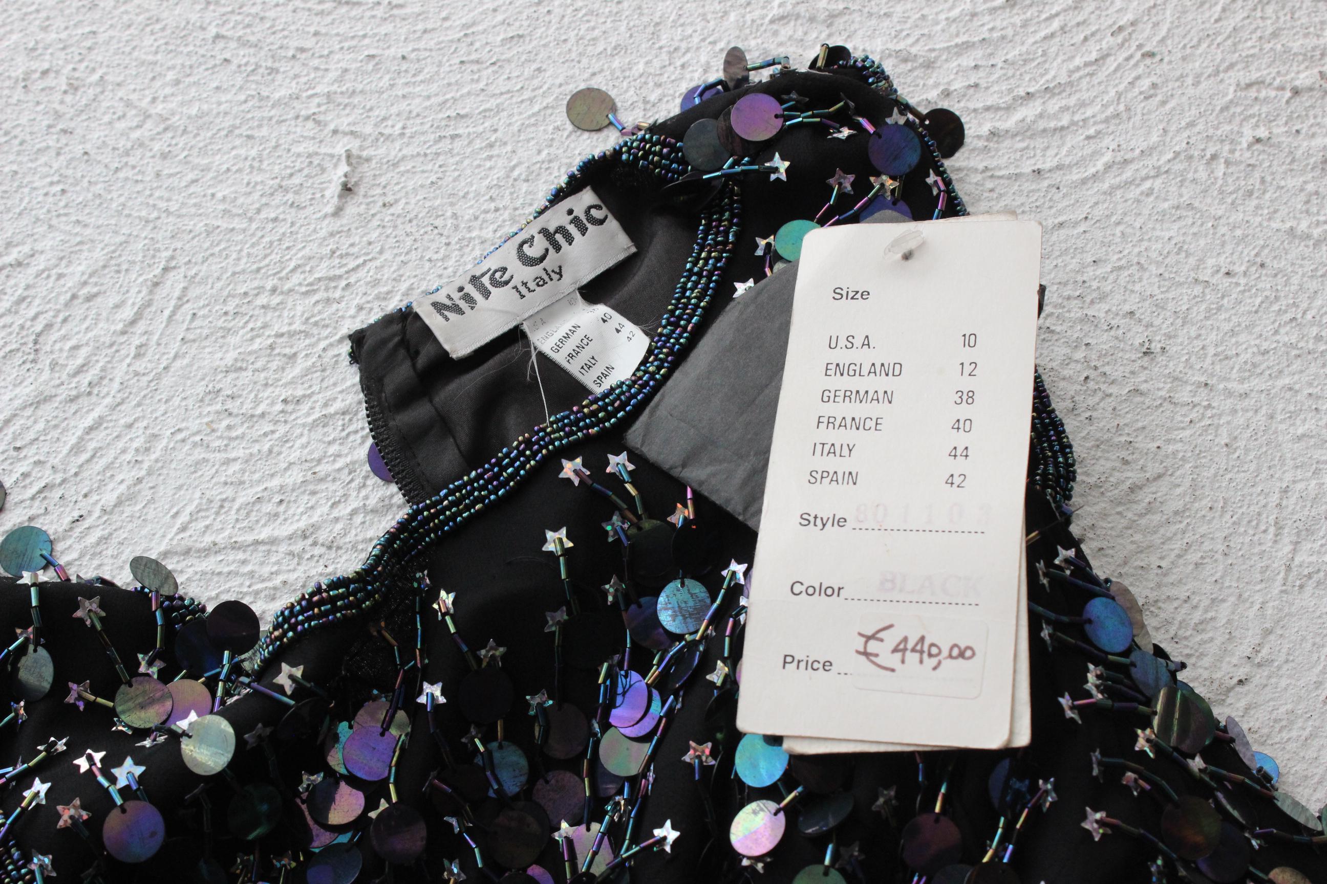 Early 2000s Italian Vintage 'Nite Chic' Black Silk & Disc Sequin Top