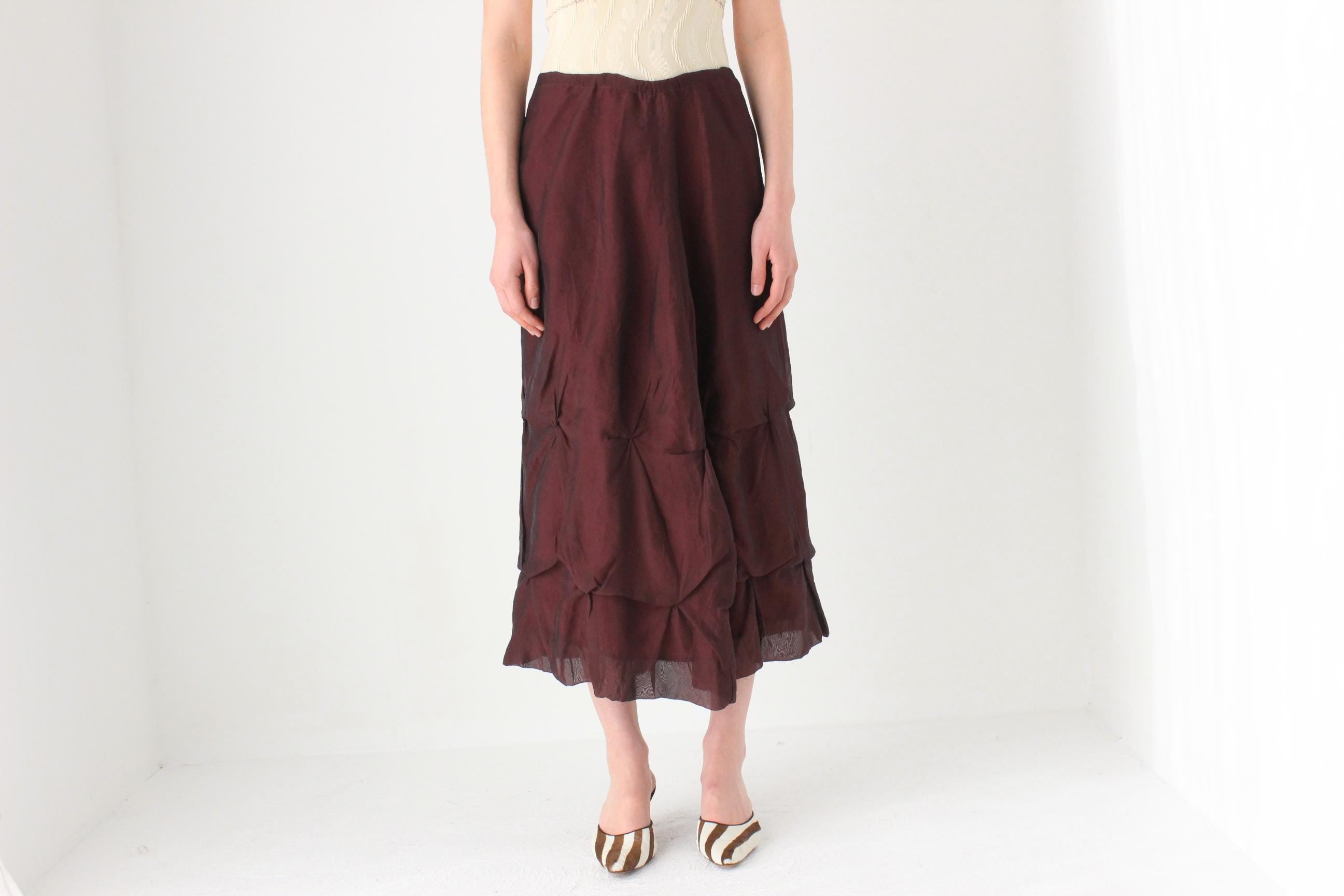 Y2K Burgundy Textured Bubble Midi Skirt w/ Drawstring Waist