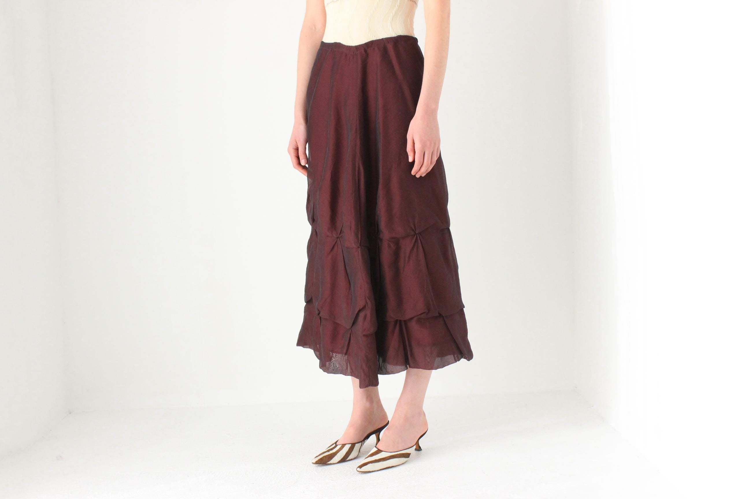 Y2K Burgundy Textured Bubble Midi Skirt w/ Drawstring Waist