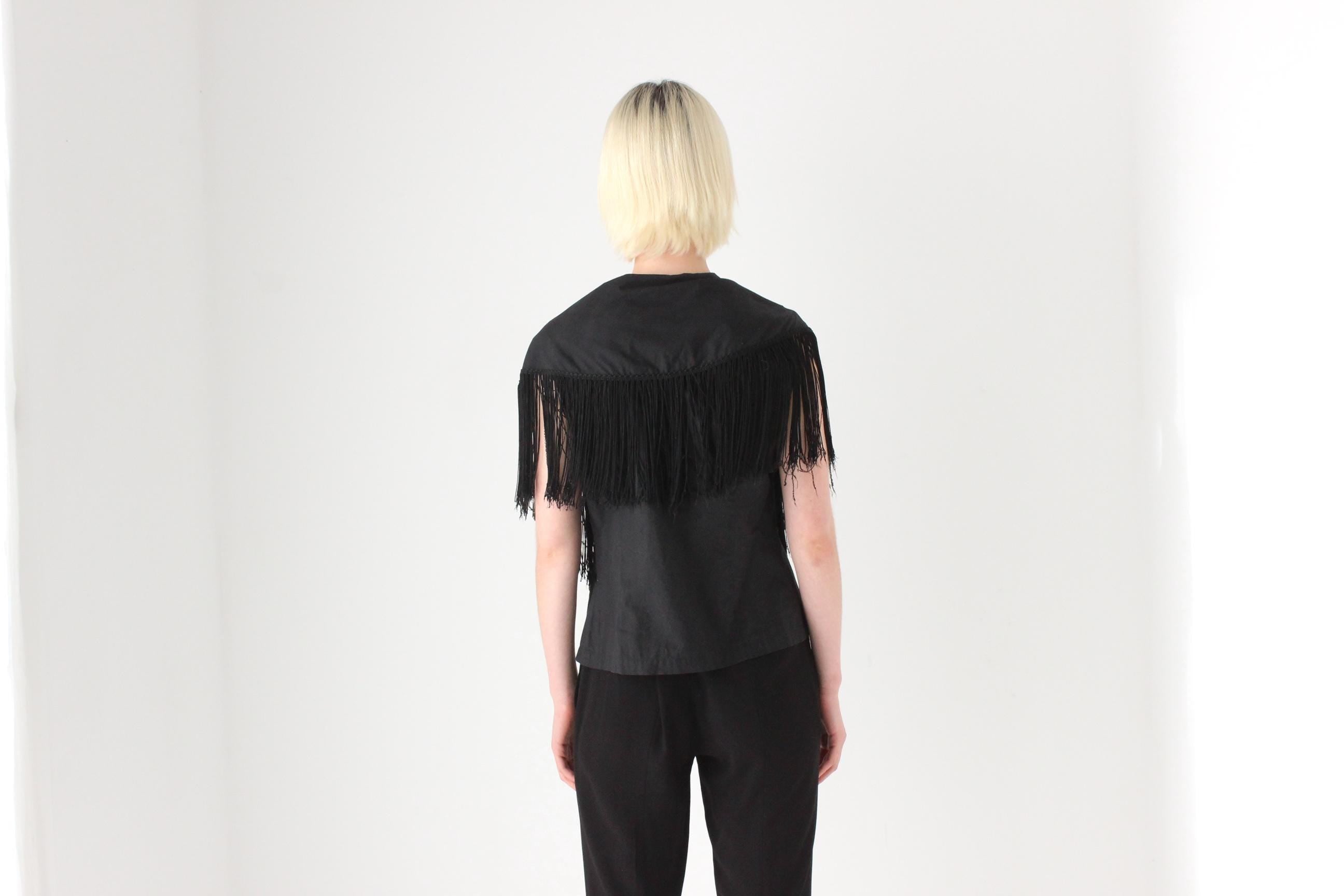 80s Black Cotton Fringe Collar / Cape Top