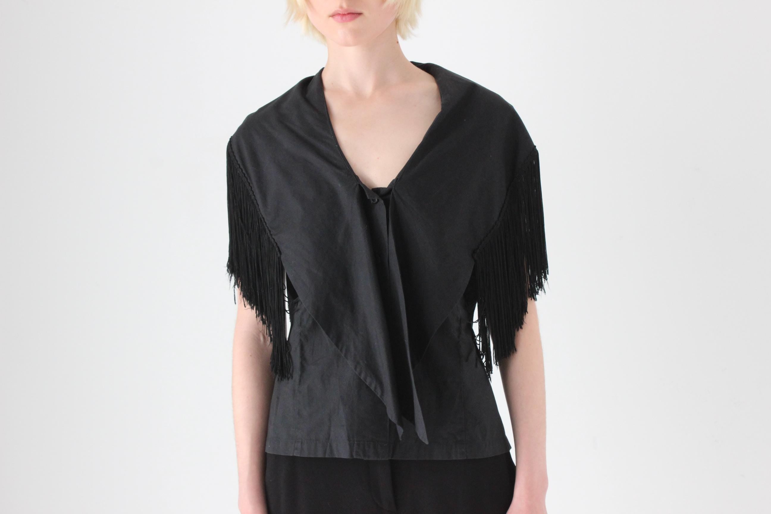 80s Black Cotton Fringe Collar / Cape Top