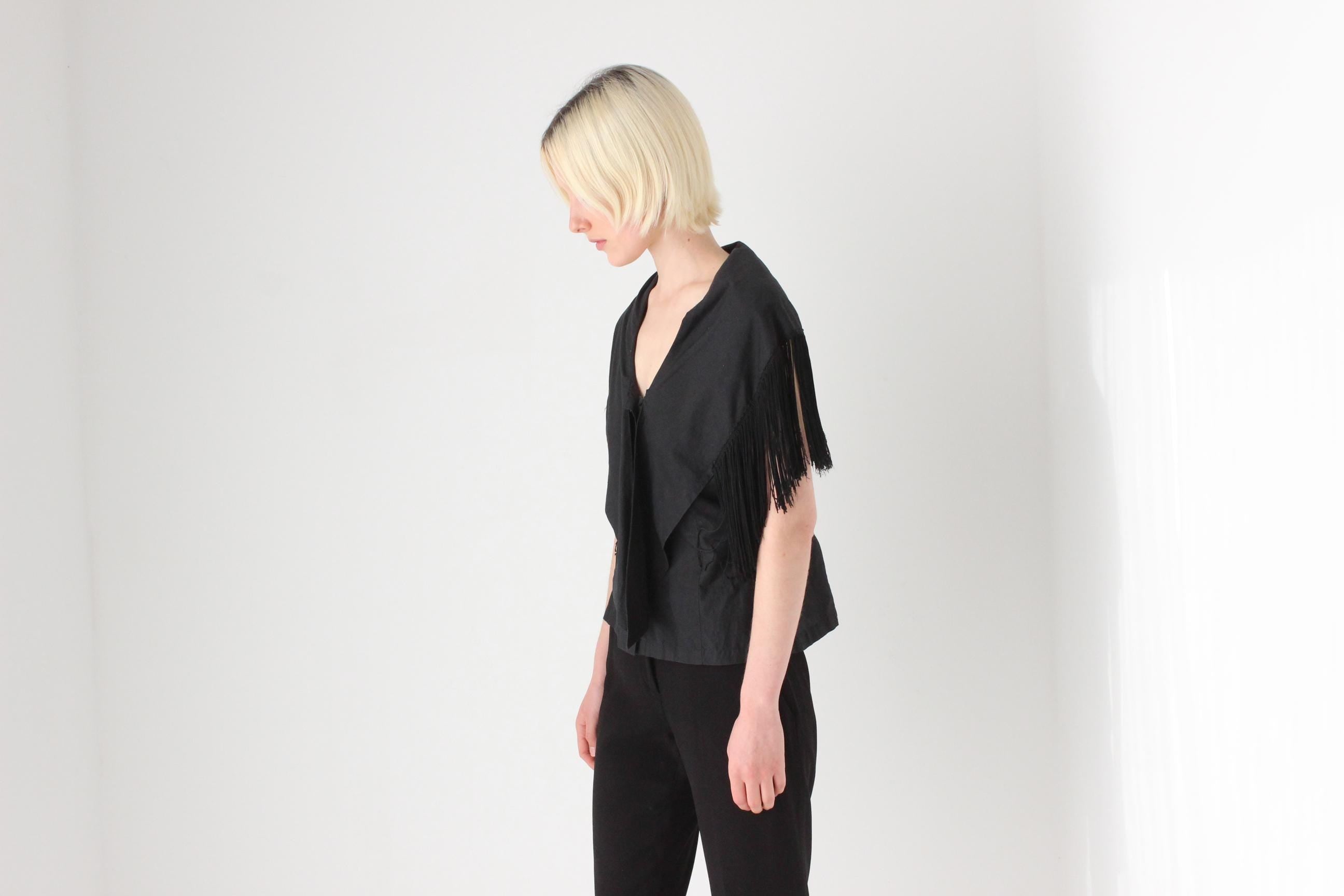 80s Black Cotton Fringe Collar / Cape Top