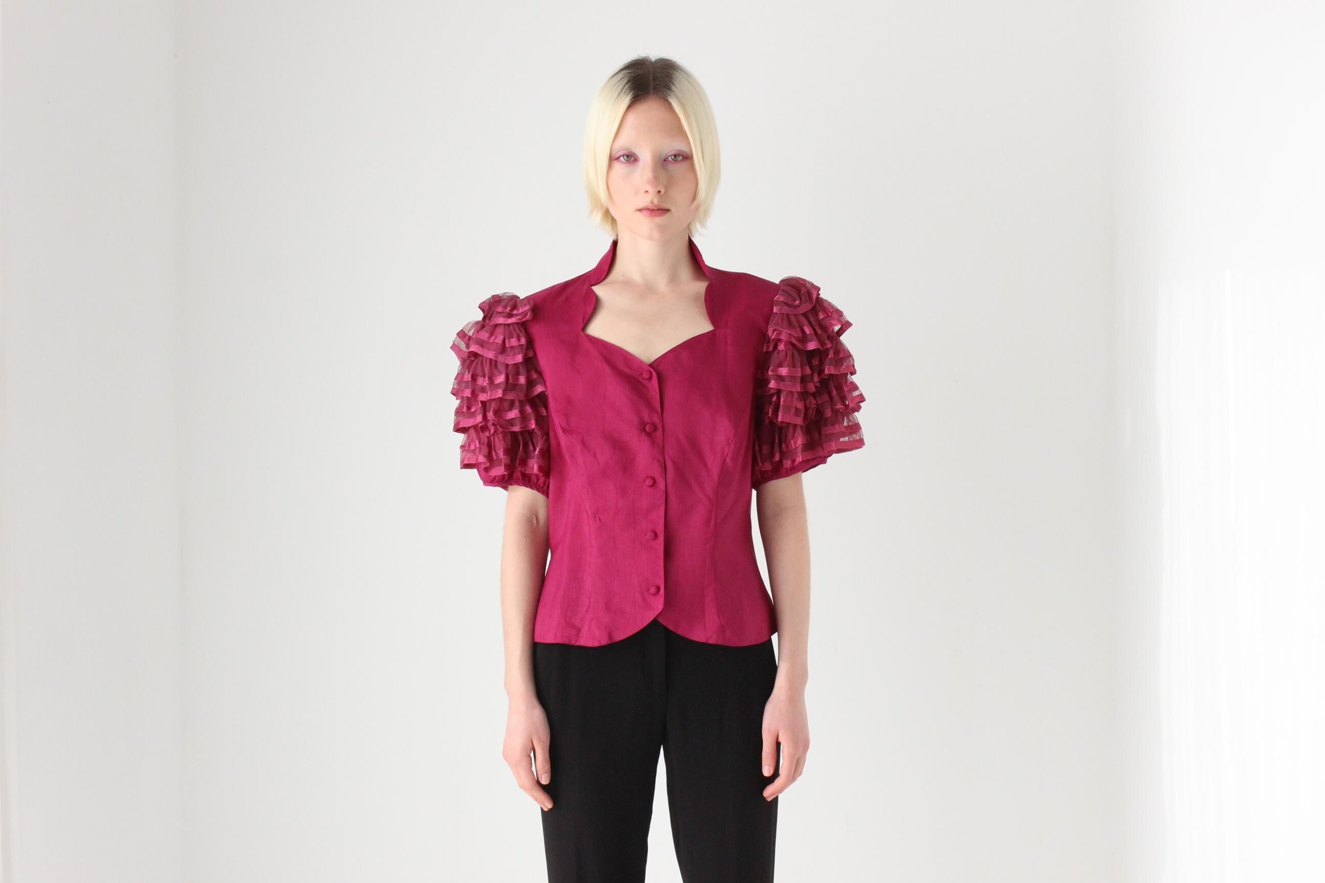 80s Vera Mont Tulle Flamenco Sleeve Taffeta Top