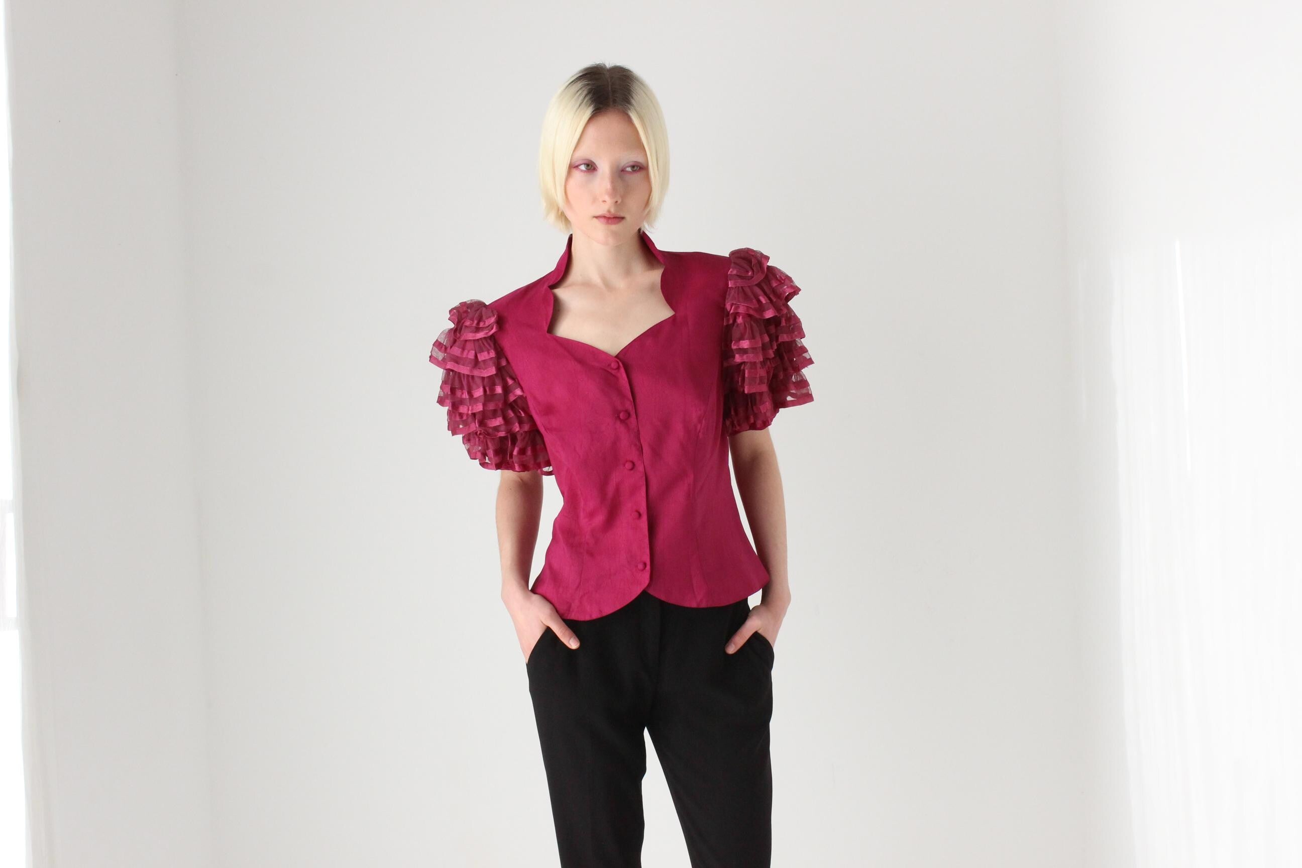 80s Vera Mont Tulle Flamenco Sleeve Taffeta Top