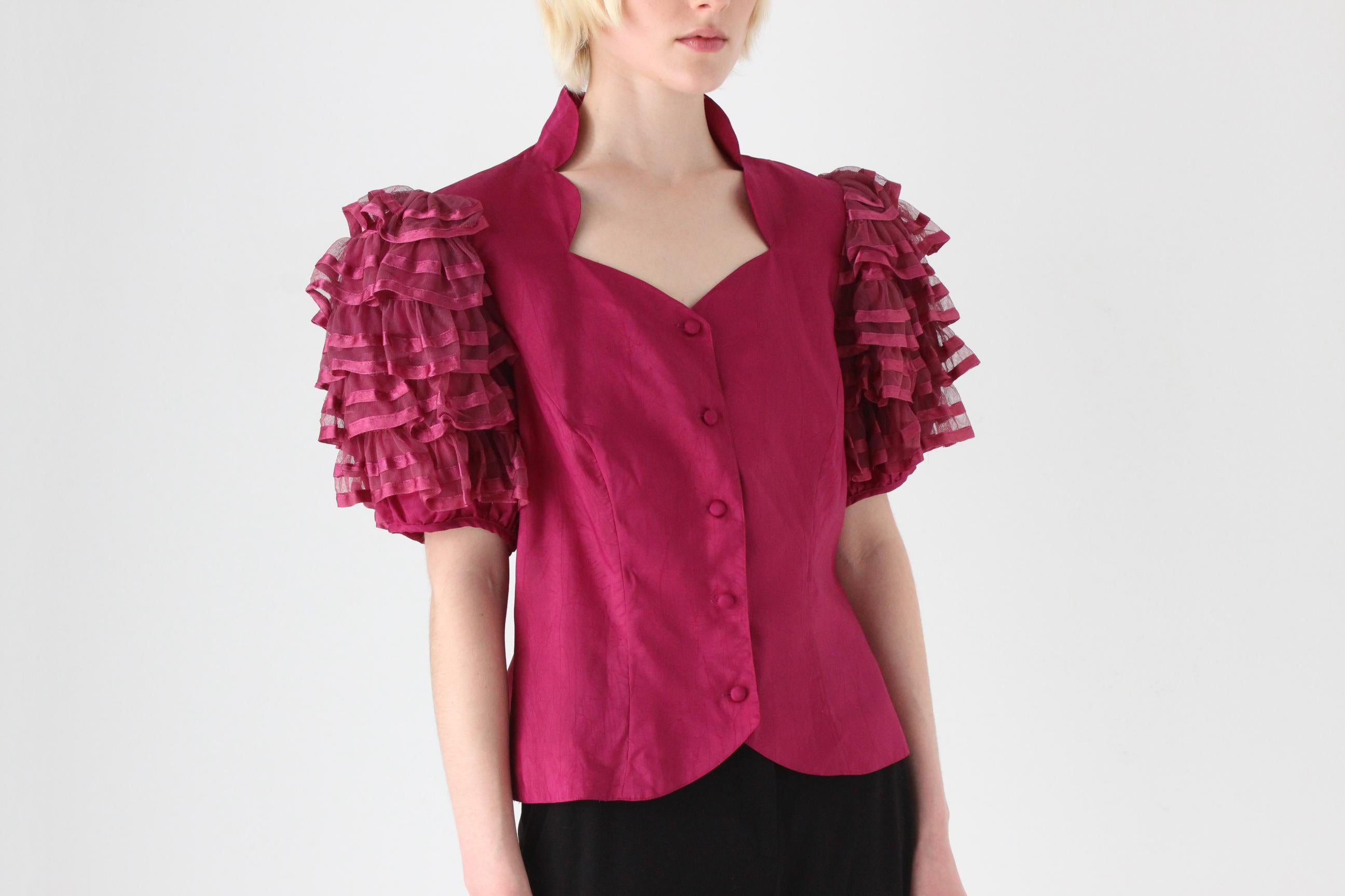 80s Vera Mont Tulle Flamenco Sleeve Taffeta Top