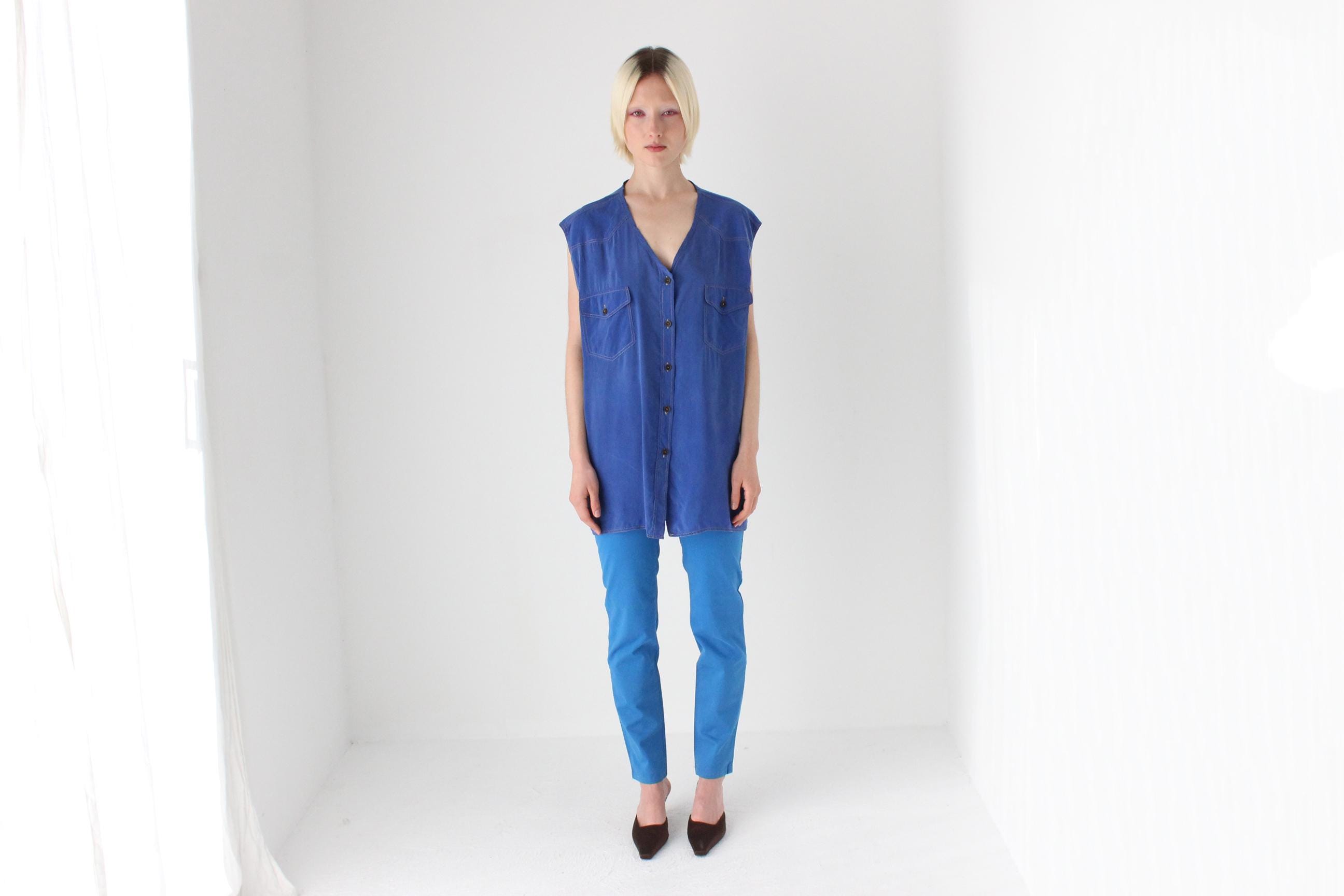 80s PURE SILK "Denim" Look Oversized Vest Shirt