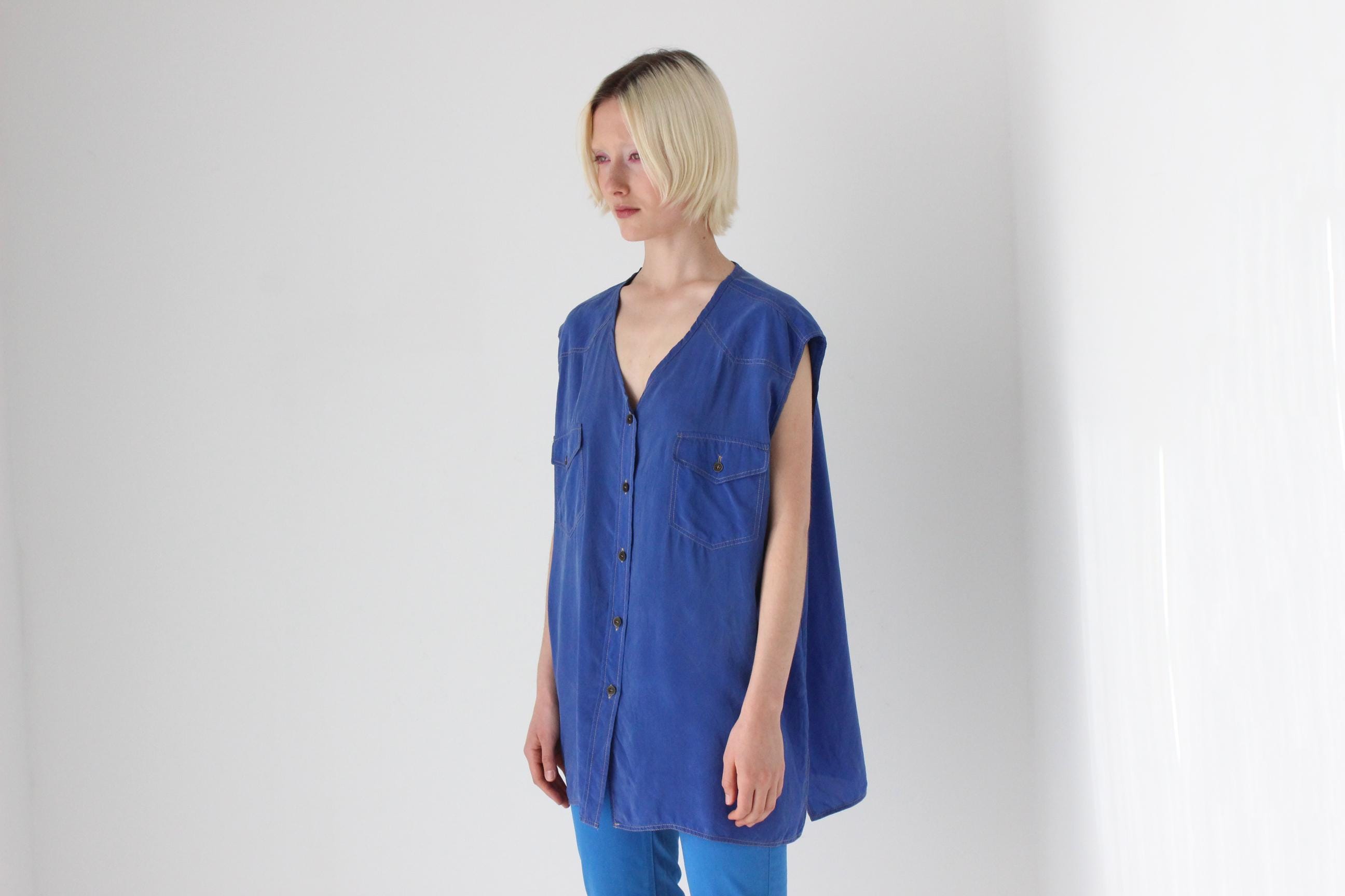 80s PURE SILK "Denim" Look Oversized Vest Shirt