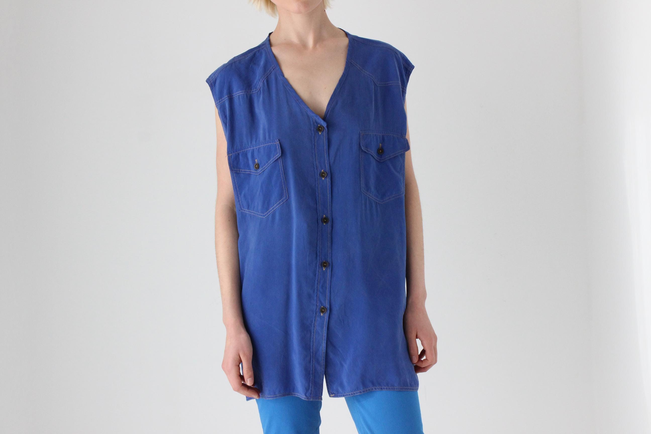 80s PURE SILK "Denim" Look Oversized Vest Shirt