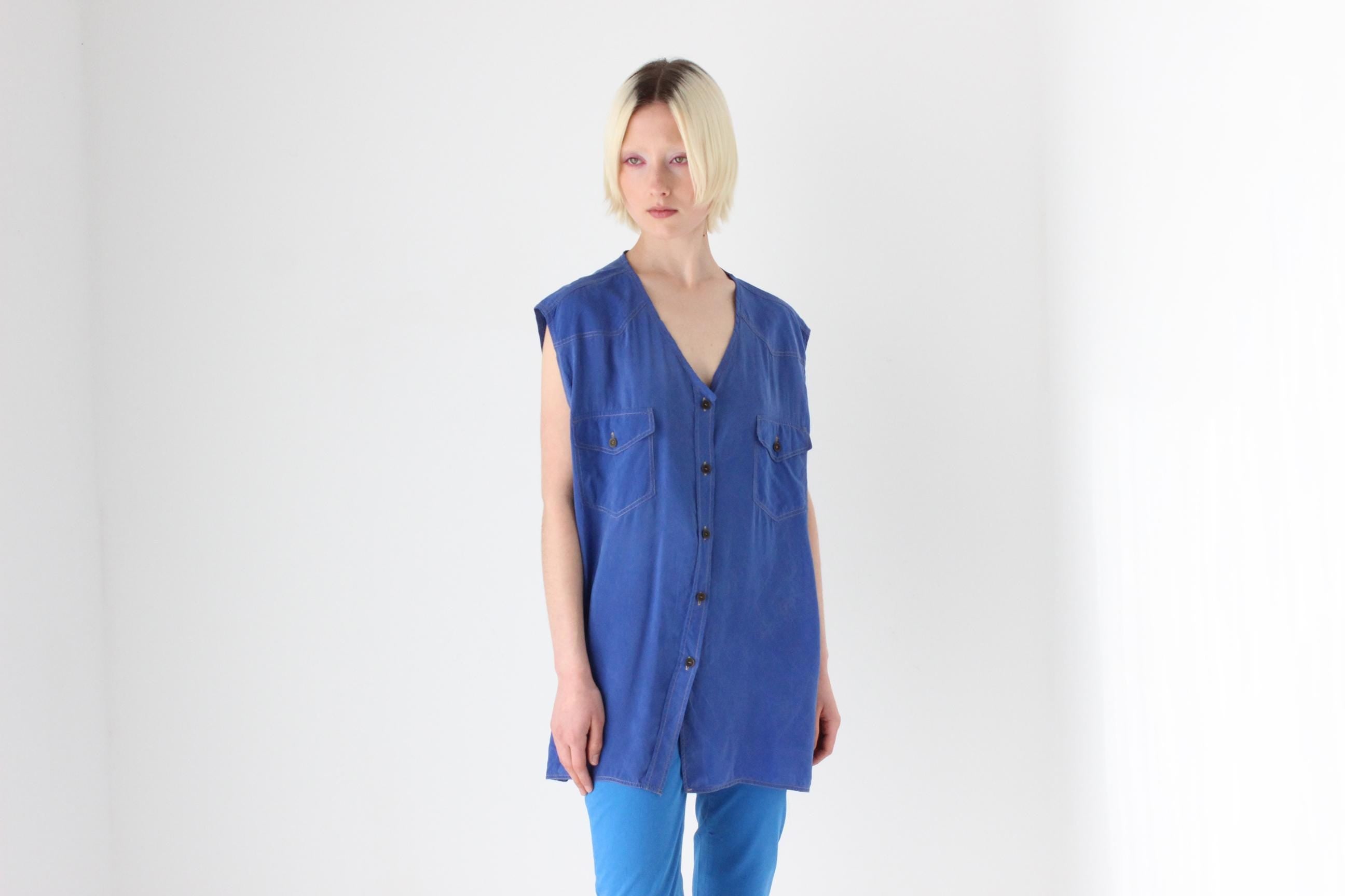 80s PURE SILK "Denim" Look Oversized Vest Shirt