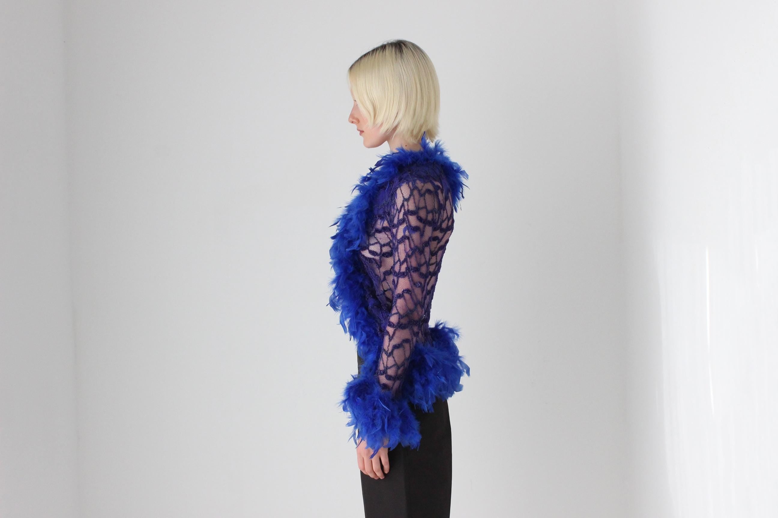 90s Cobalt Blue Lace & Feather Jacket Top