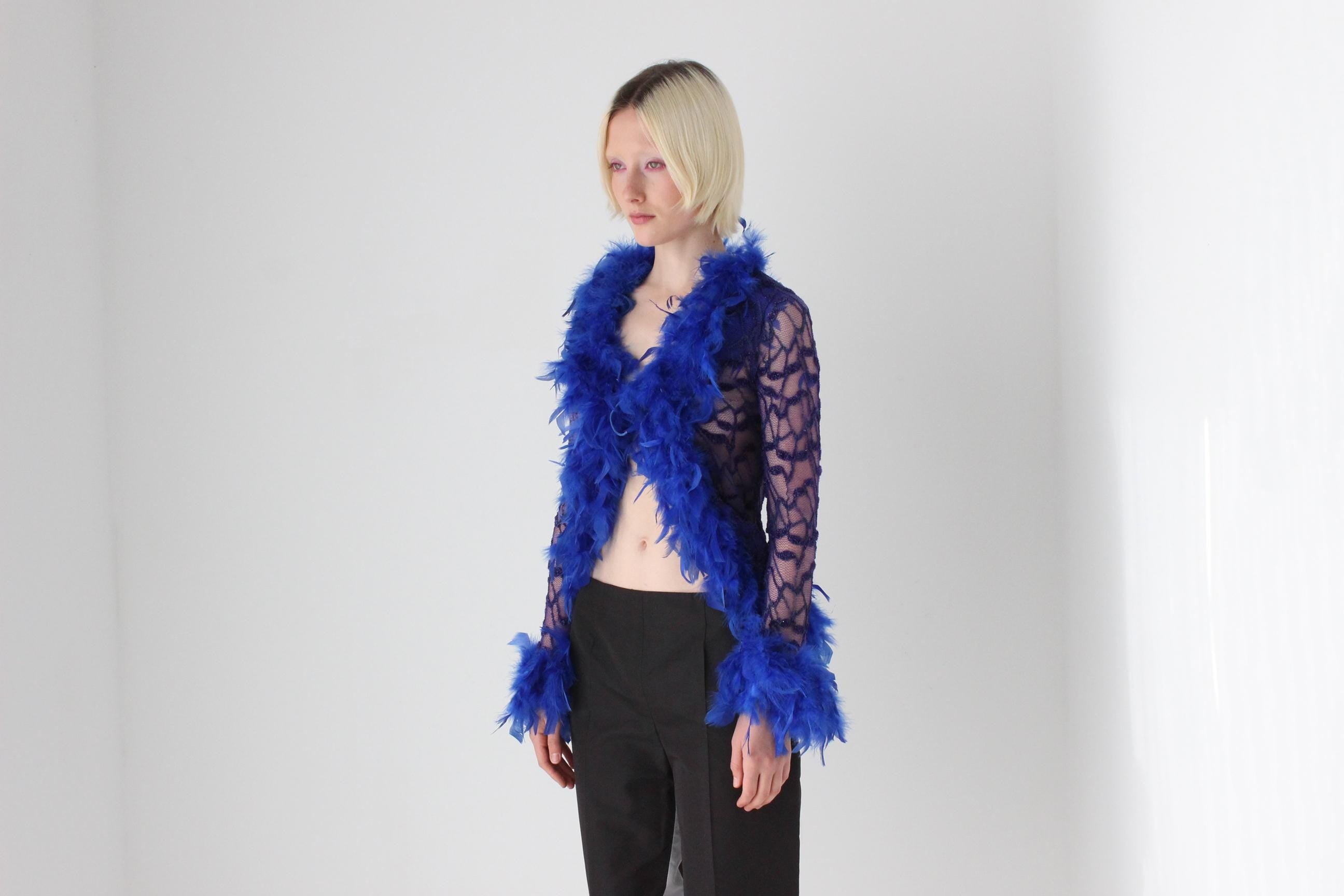 90s Cobalt Blue Lace & Feather Jacket Top