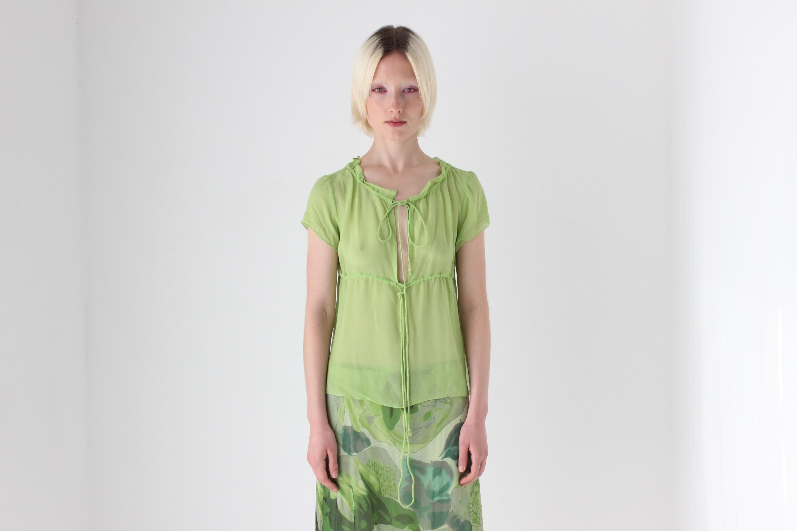 Y2K Miss Sixty Luxury Pure Silk Sheer Drawstring Dolly Top