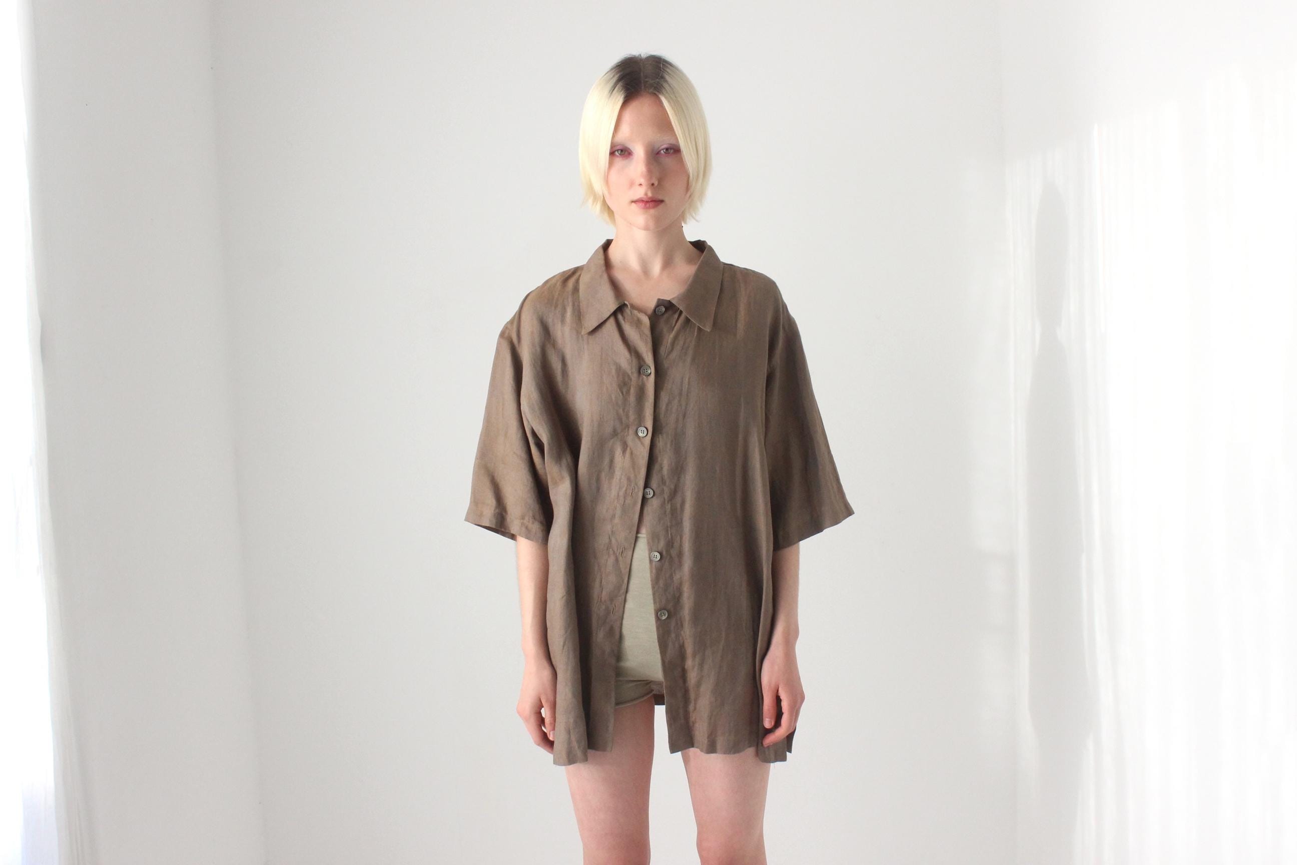 90s Italian Linen Boxy Short Sleeve Button Up Shirt