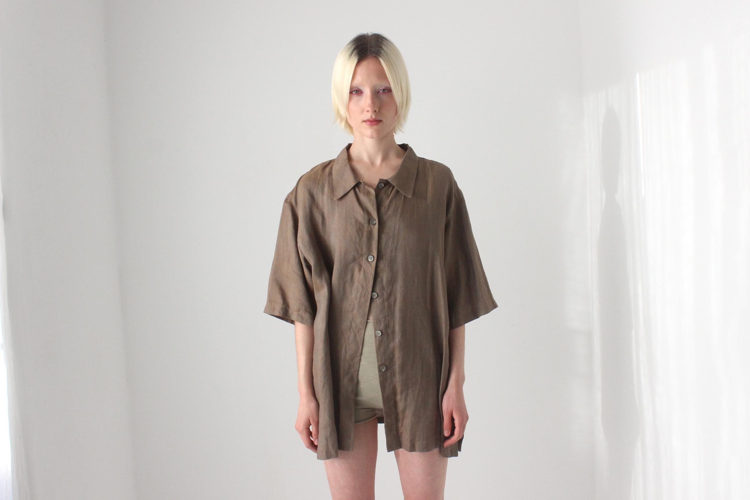 90s Italian Linen Boxy Short Sleeve Button Up Shirt