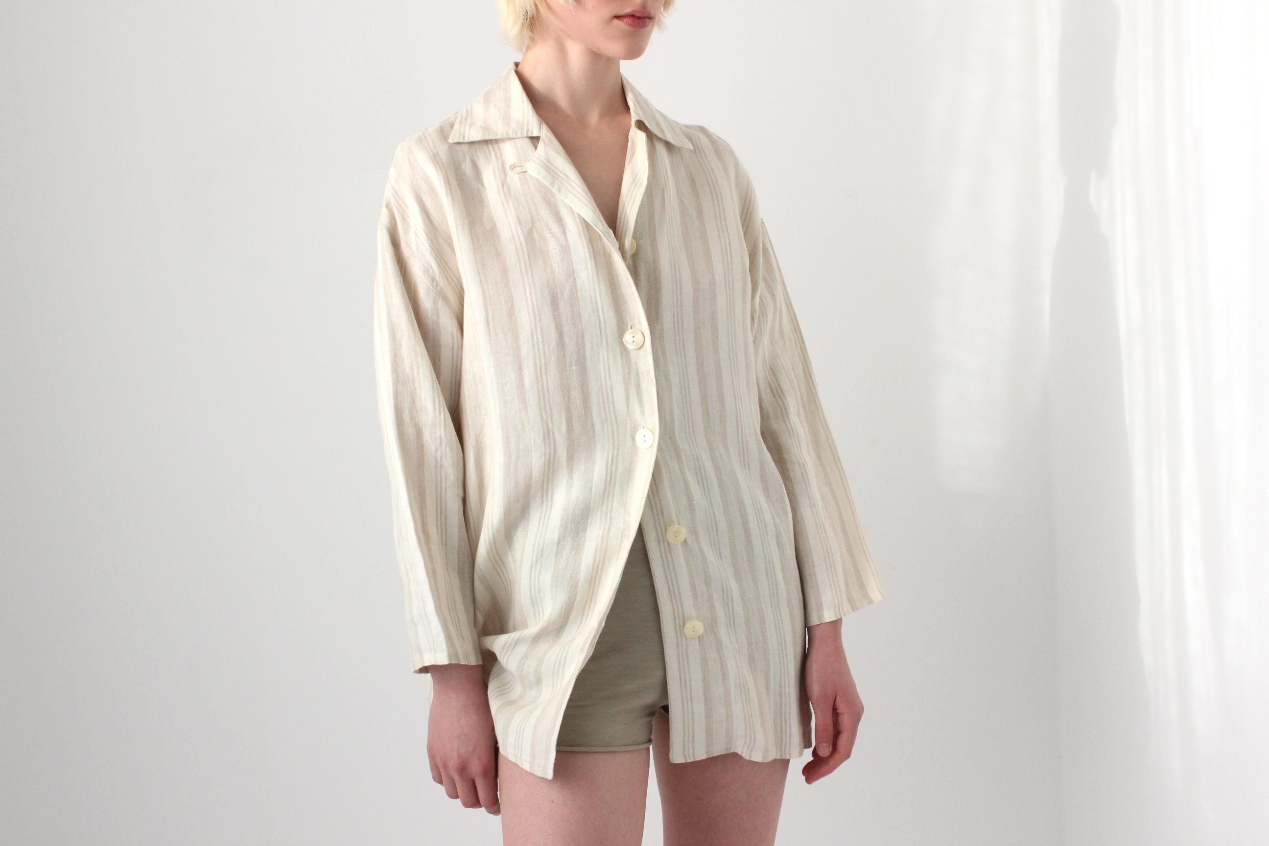 90s Italian Linen Subtle Beige Stripe Shirt